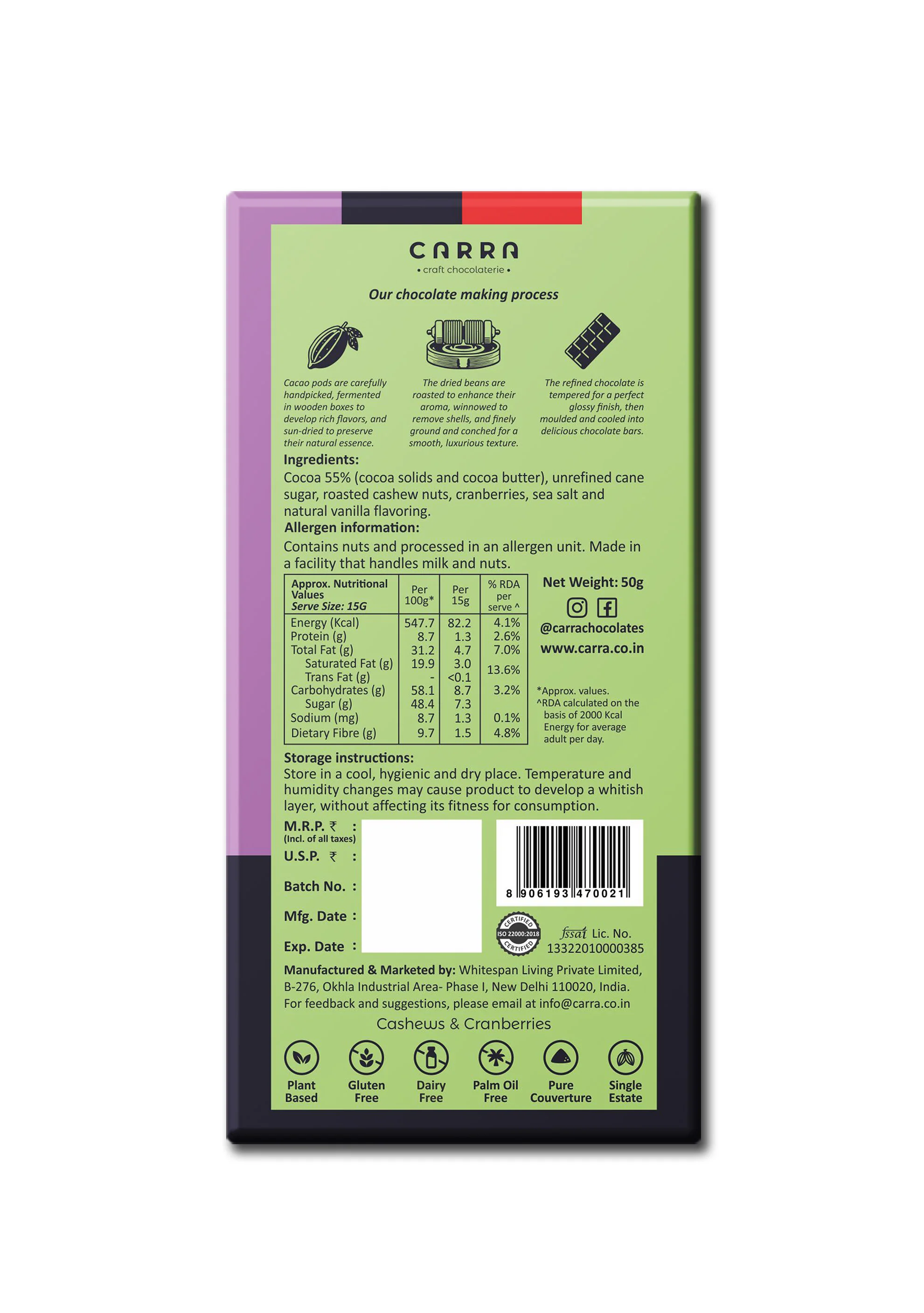 55% Cashews & Cranberries Dark Idukki Chocolate Bar, 50g - Image 2