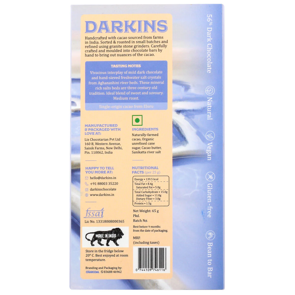 56% Artisanal Dark Chocolate with Sanikatta Salt, 65g - Image 2