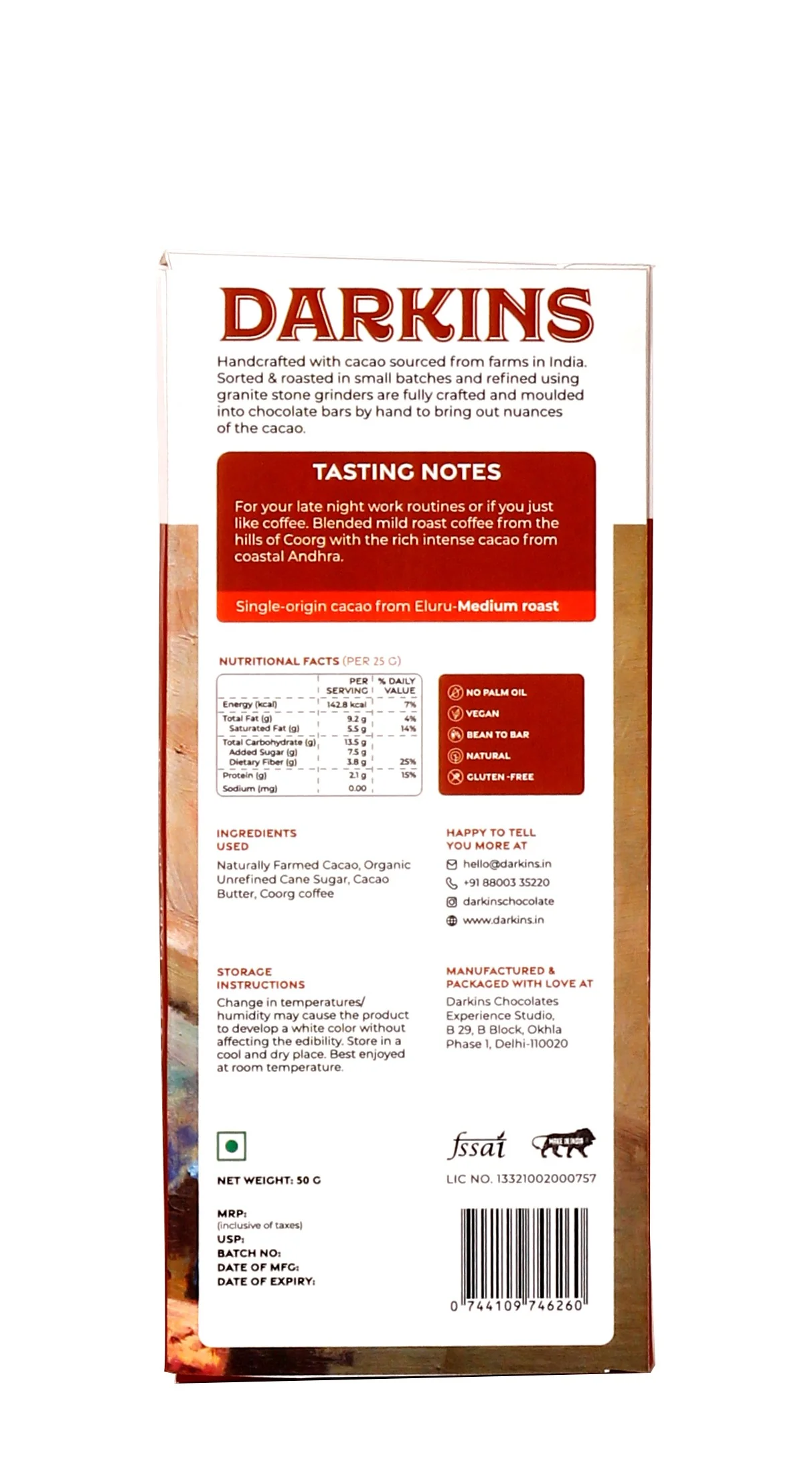 65% Artisanal Dark Chocolate with Coorg Coffee, 50g - Image 2