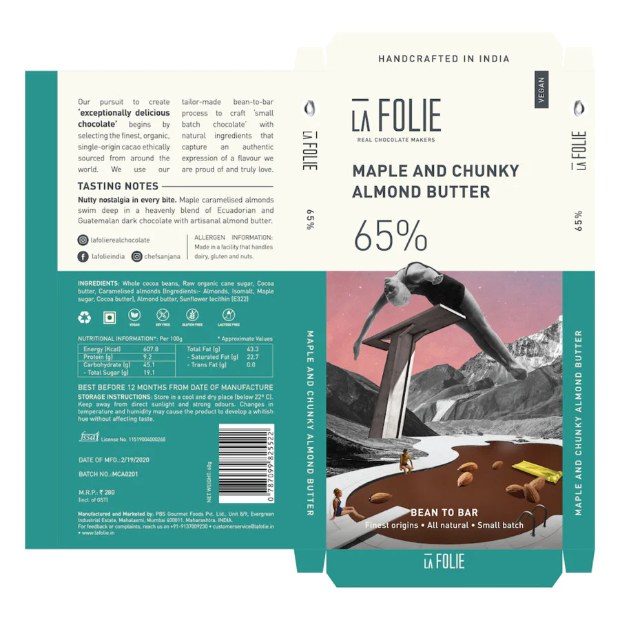 65% Maple & Chunky Almond Butter Chocolate Bar, 60g - Image 4