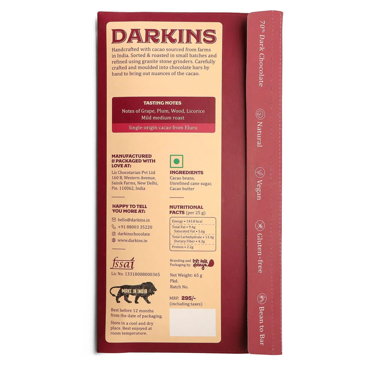 70% Single Origin Cacao Dark Chocolate Bar from Andhra Pradesh, 65g - Image 2