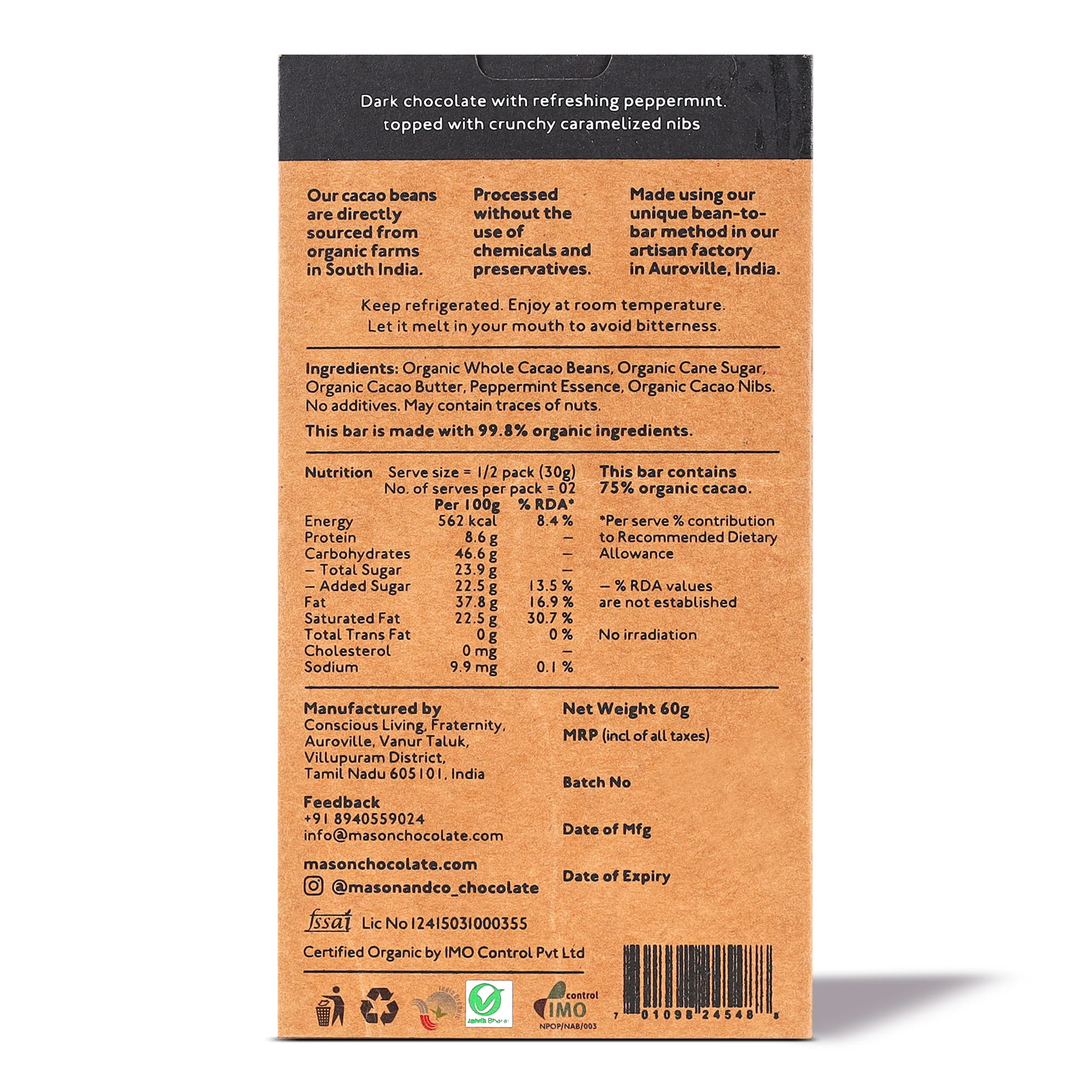 75% Dark Chocolate with Peppermint & Sweet Nibs, 60g - Image 2