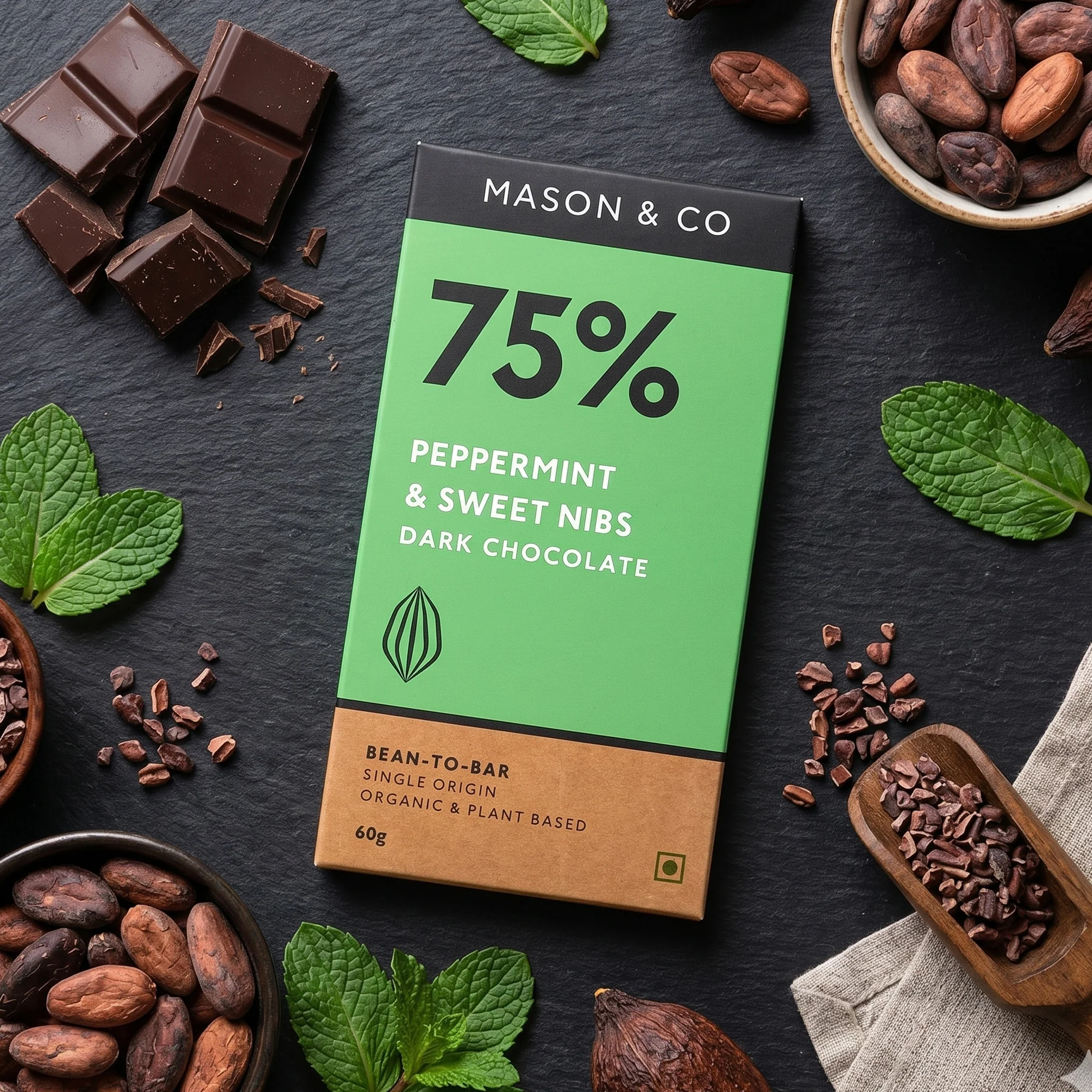 75% Dark Chocolate with Peppermint & Sweet Nibs, 60g - Image 3