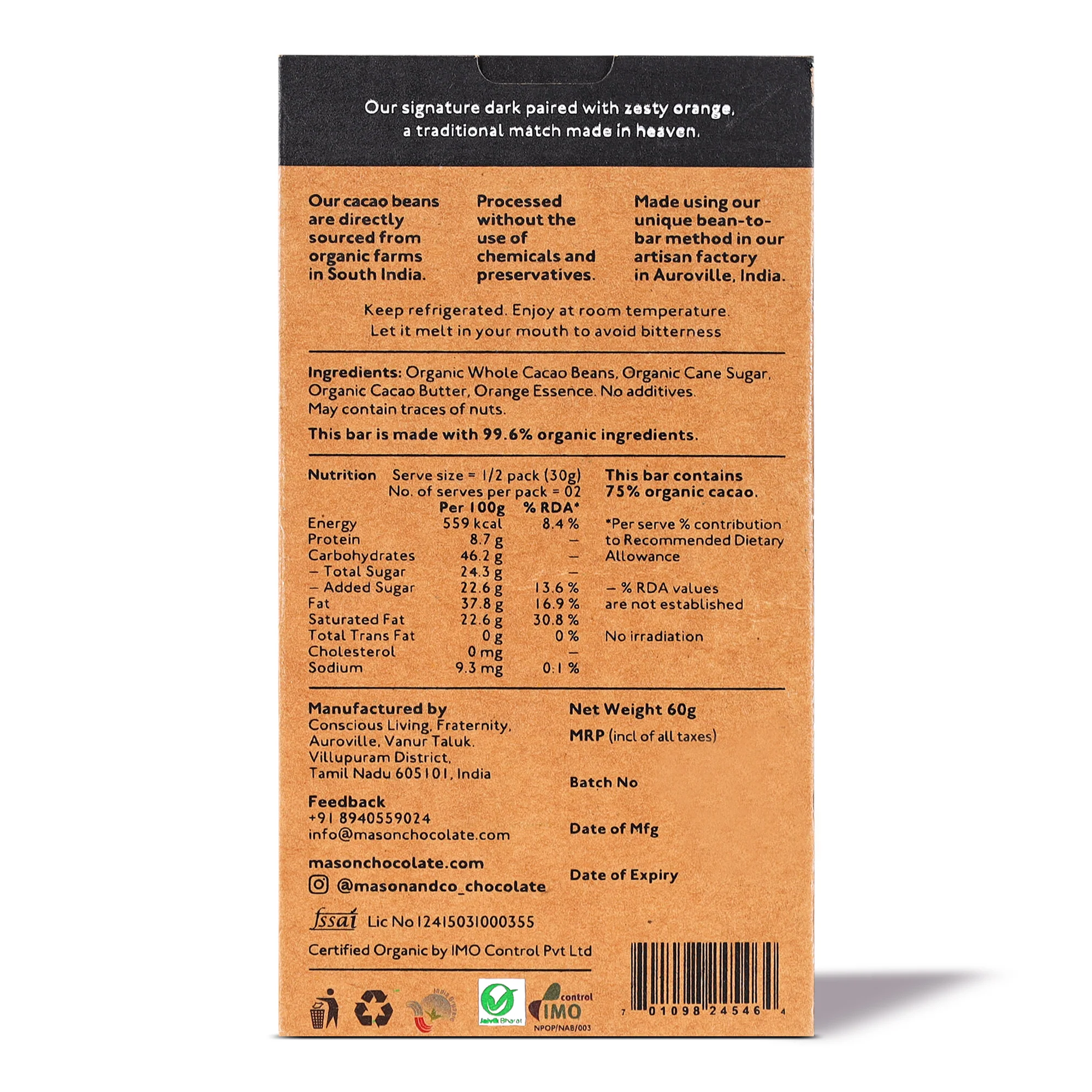 75% Zesty Orange Dark Organic Exotic Artisanal Chocolate, 60g - Image 2