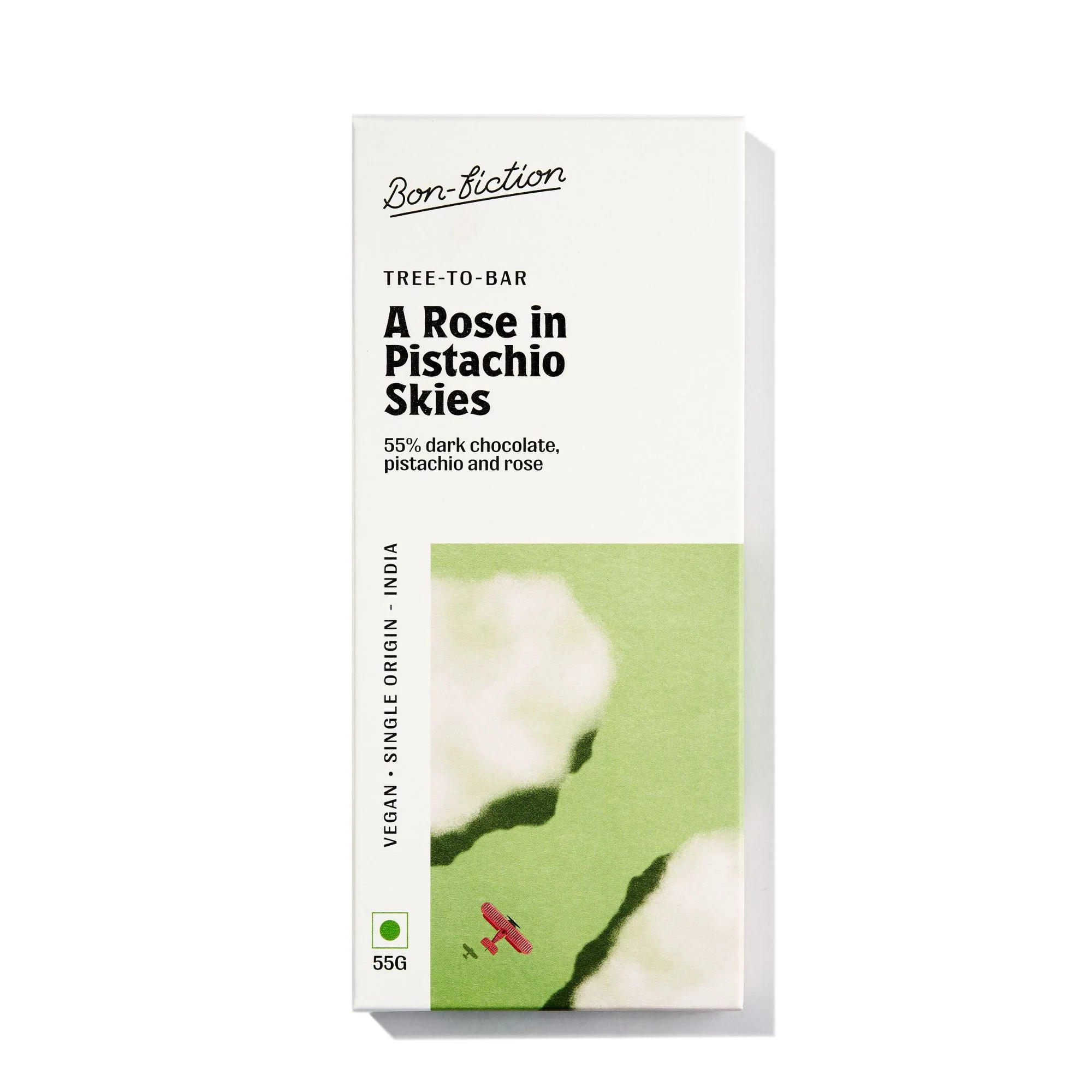 A Rose in Pistachio Skies,55g (55% Dark Chocolate with Rose & Pistachio, Gourmet Craft Chocolate, Floral Nutty Chocolate Bar)