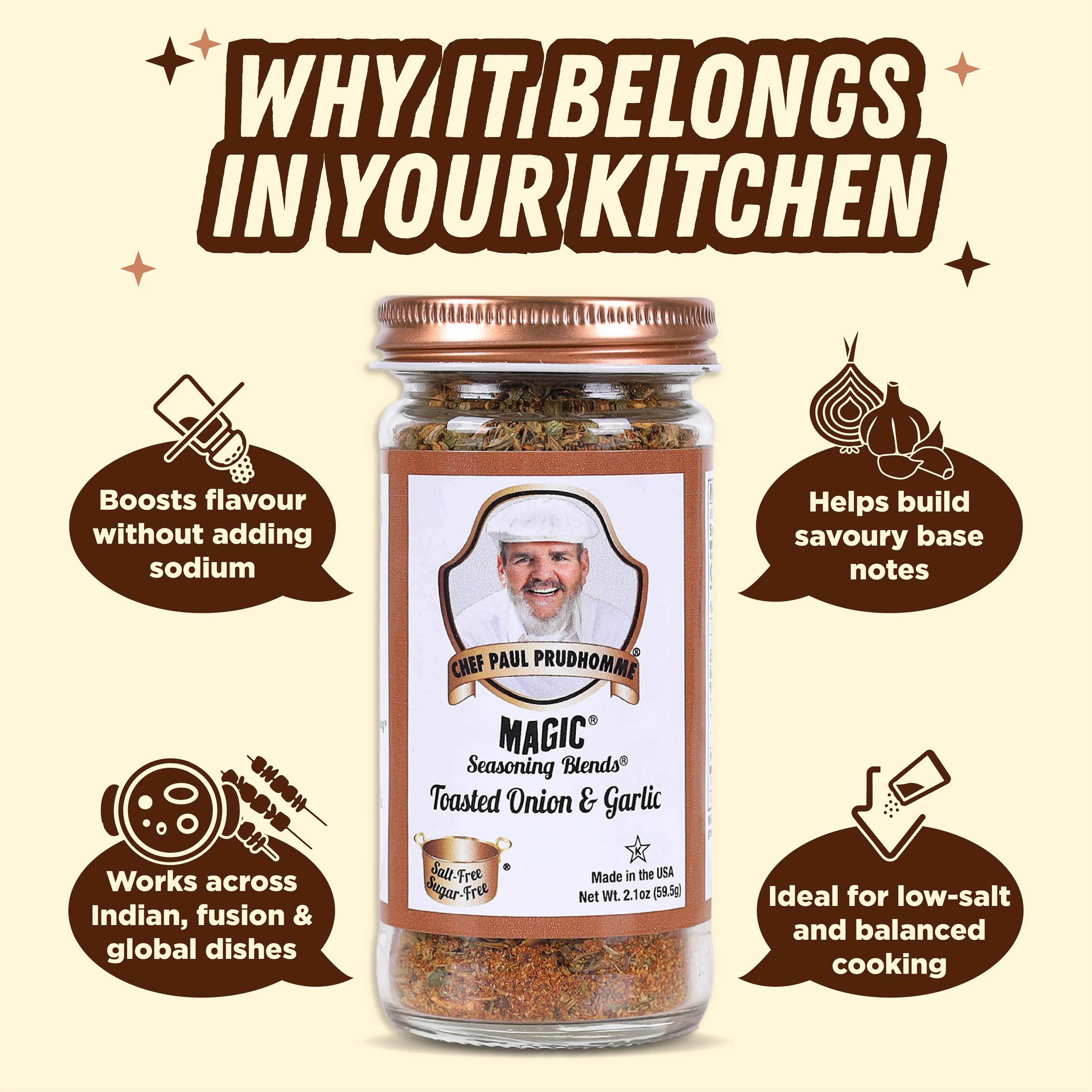 Chef Paul Prudhomme Toasted Onion & Garlic Magic Seasoning Blends, 59g (Salt-Free, Sugar-Free | Six Spice Flavor-Packed Blend) - Image 5