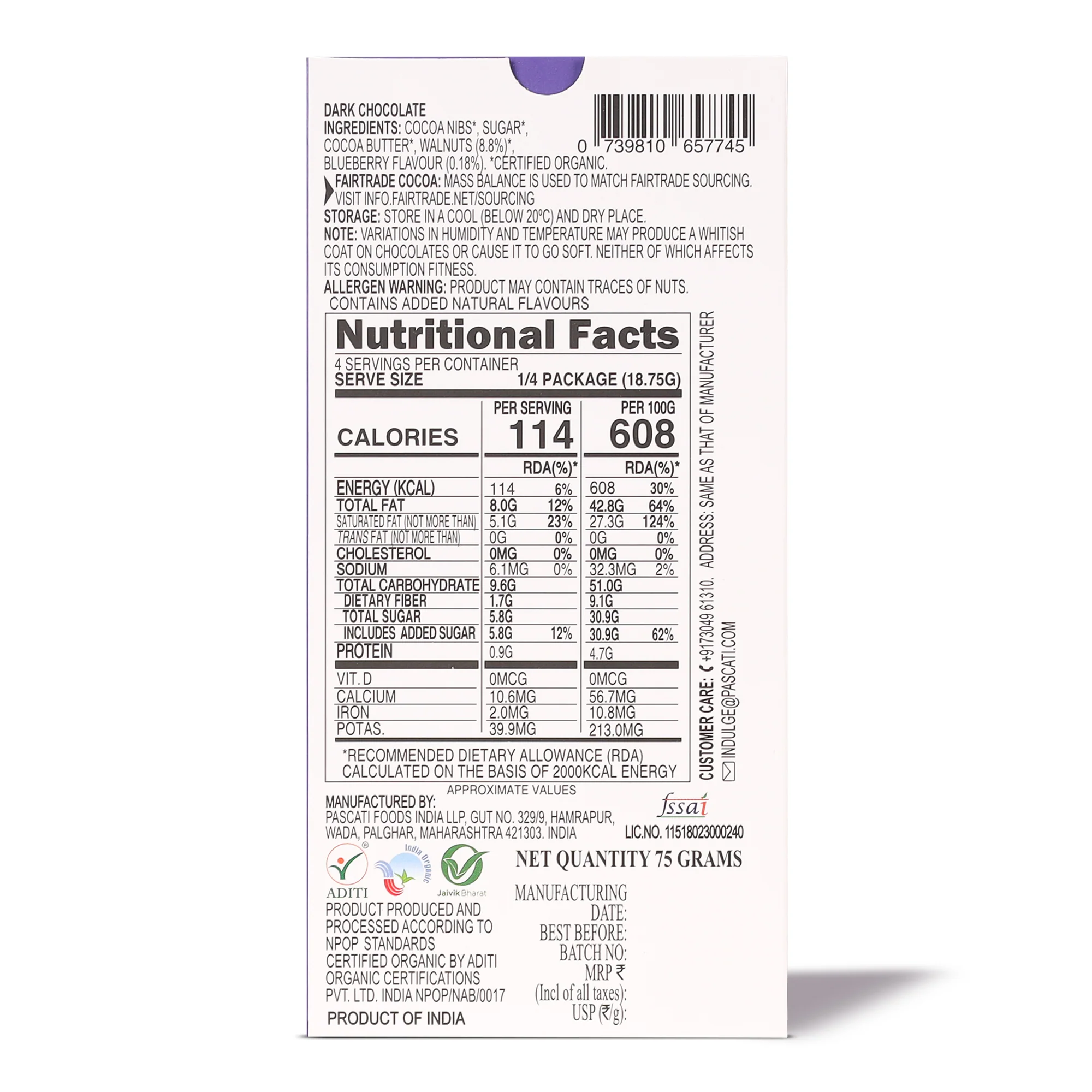 Chocolate Blueberry Walnut Dark, India Organic Chocolate, 75G (Pack Of 2) - Image 2
