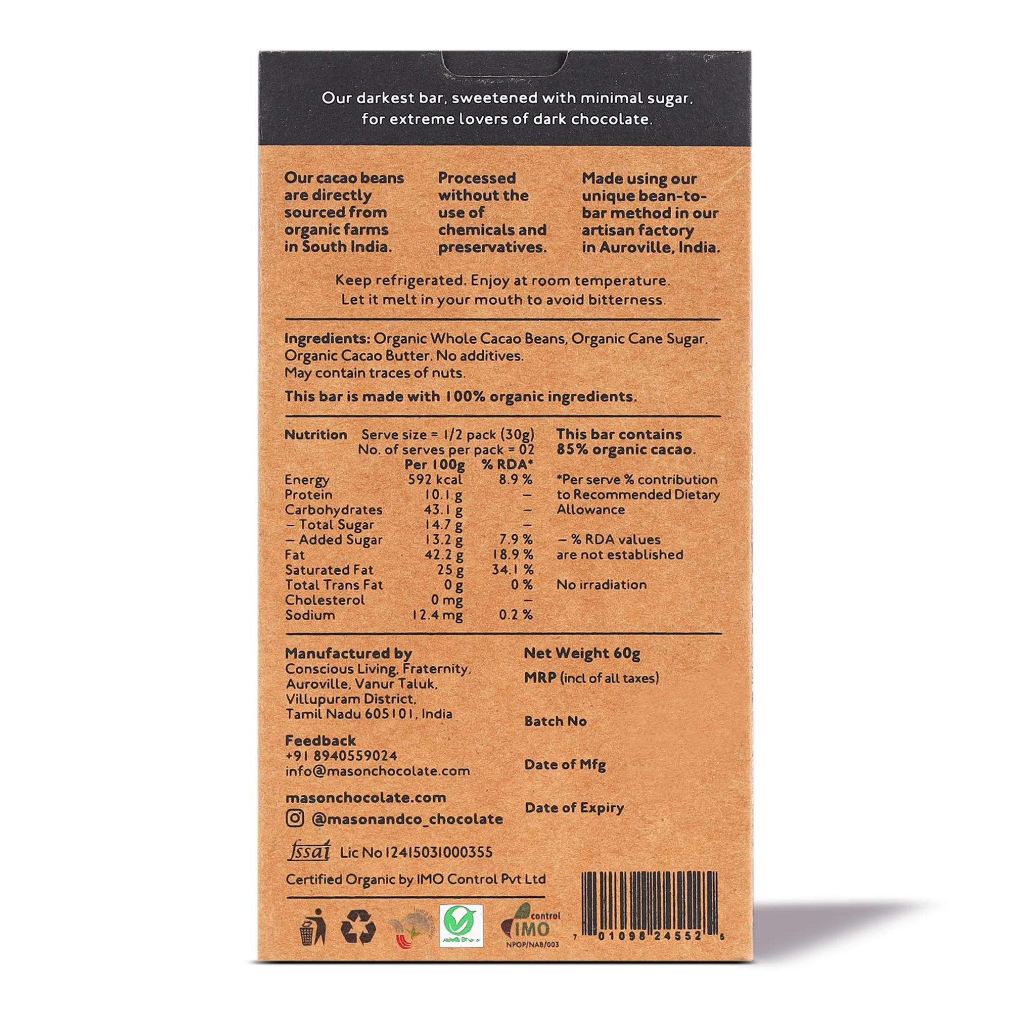 Intense 85% Dark Organic Chocolate Bar 60g - Image 2