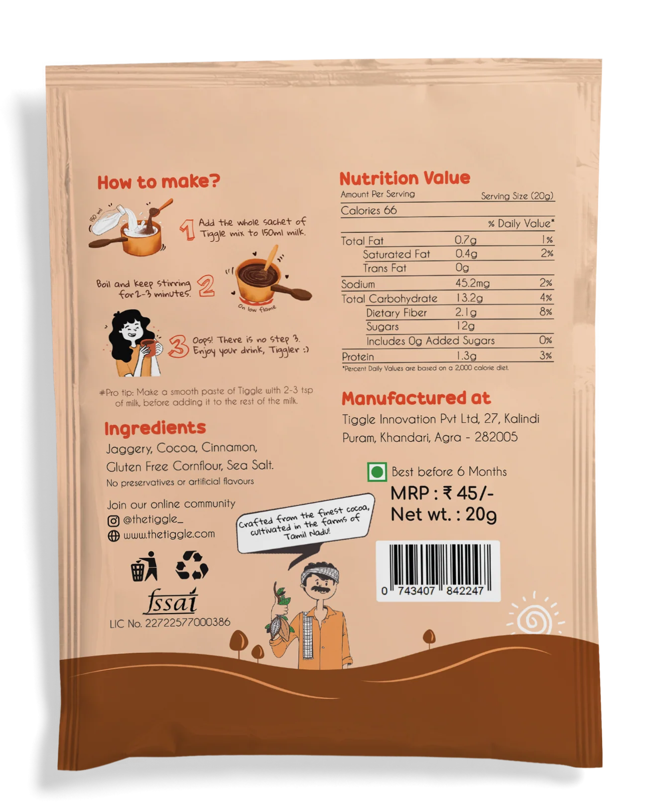 Jaggery Hot Chocolate Mix Sachet,20g (No Refined Sugar, Double Roasted Cocoa, Low Calorie Drink, Vegan & Gluten Free, Café Style Premix, 1 Cup Serving) - Image 2