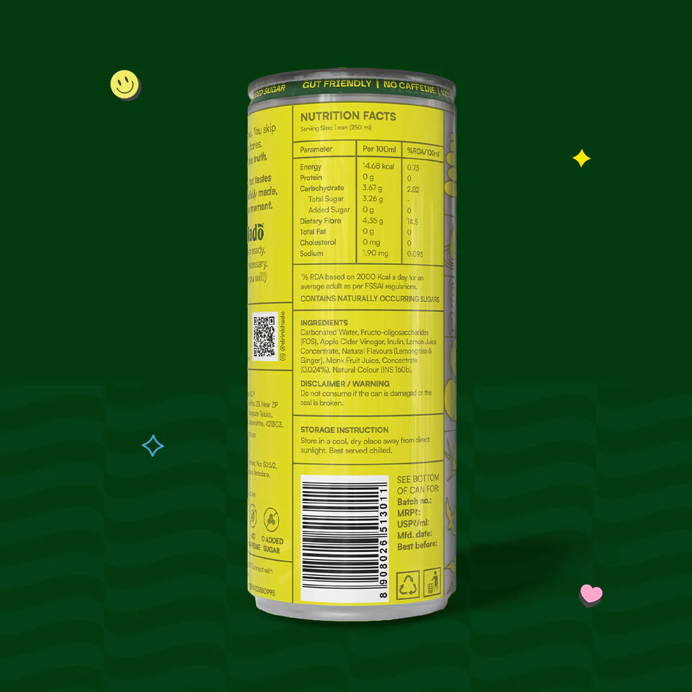 Hadō Lemongrass Ginger Crafted Soda, 250ml x 4 (10g Fibre, Zero Added Sugar) - Image 2