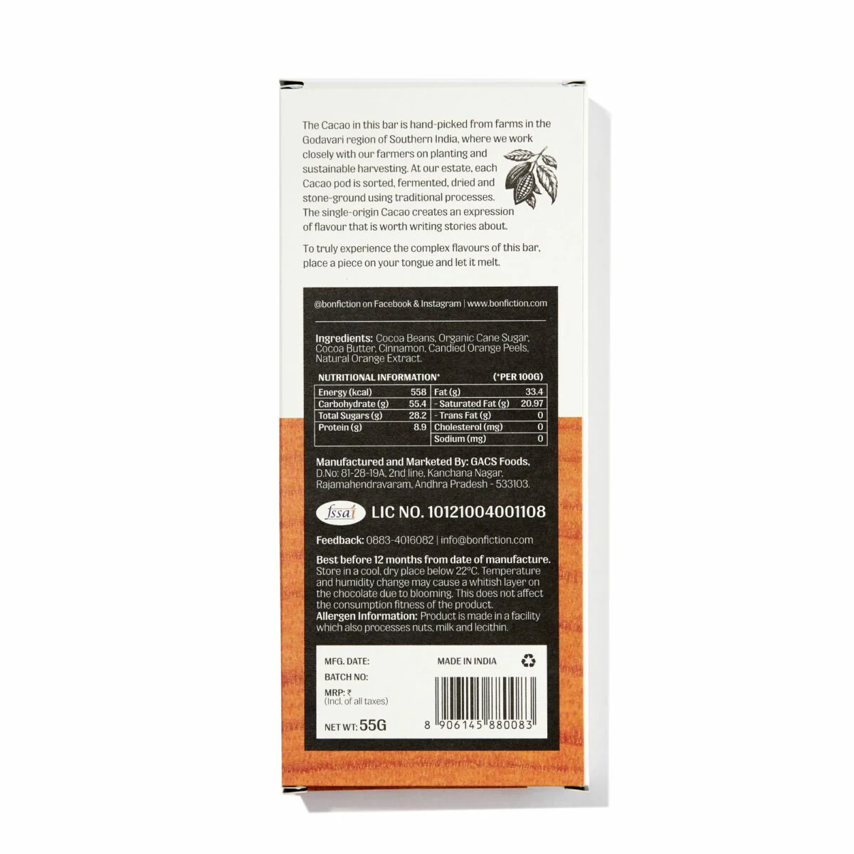 Lost in an Orange Haze, 55g (64% Dark Chocolate, Candied Orange Peel and Cinnamon) - Image 2