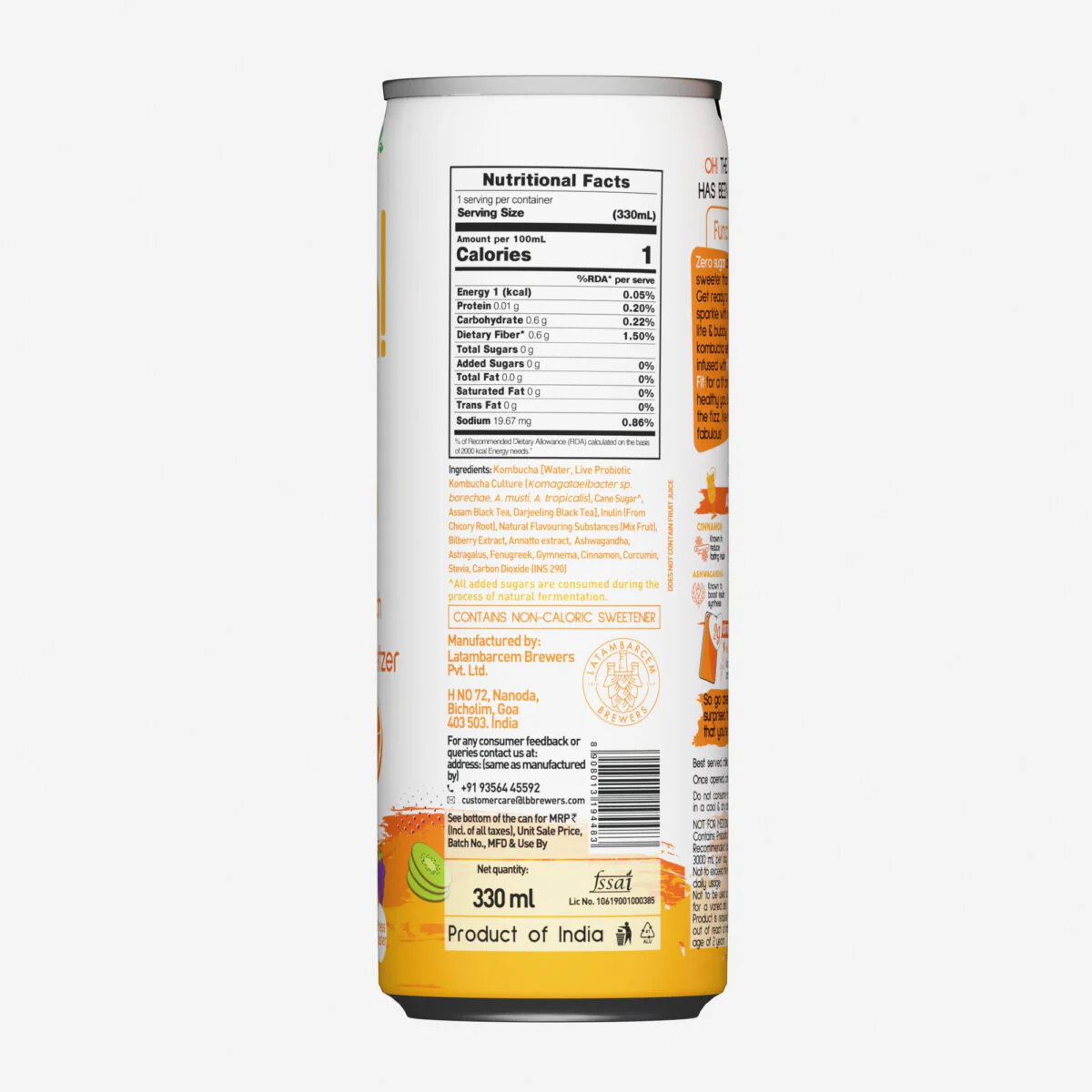 Oh! Fiji Fruit Punch Zero Sugar Prebiotic Kombucha Seltzer, 330ml - Image 2
