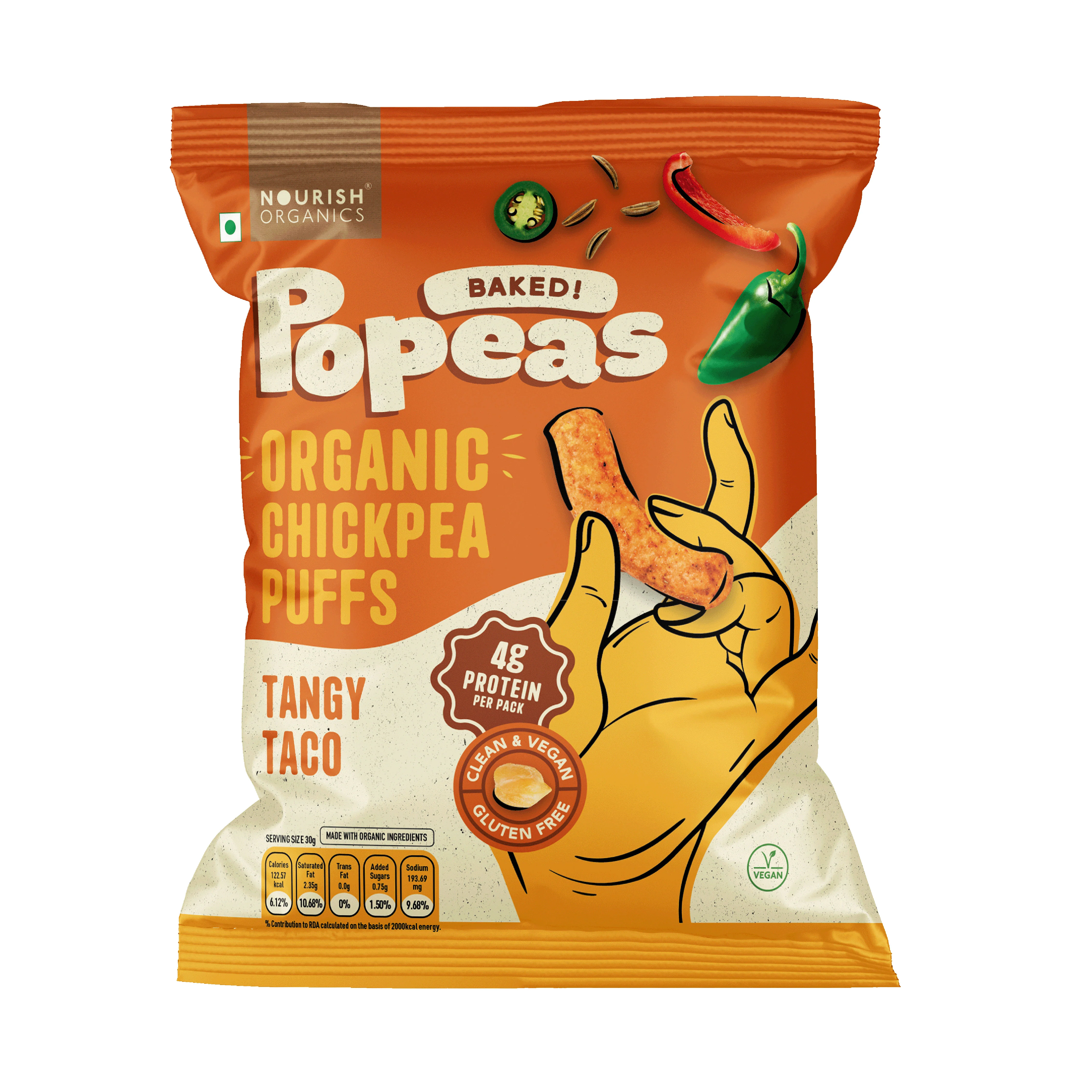 Nourish Organics Popeas Organic Chickpea Protein Puffs - Tangy Taco, 20gm (Gluten-free)