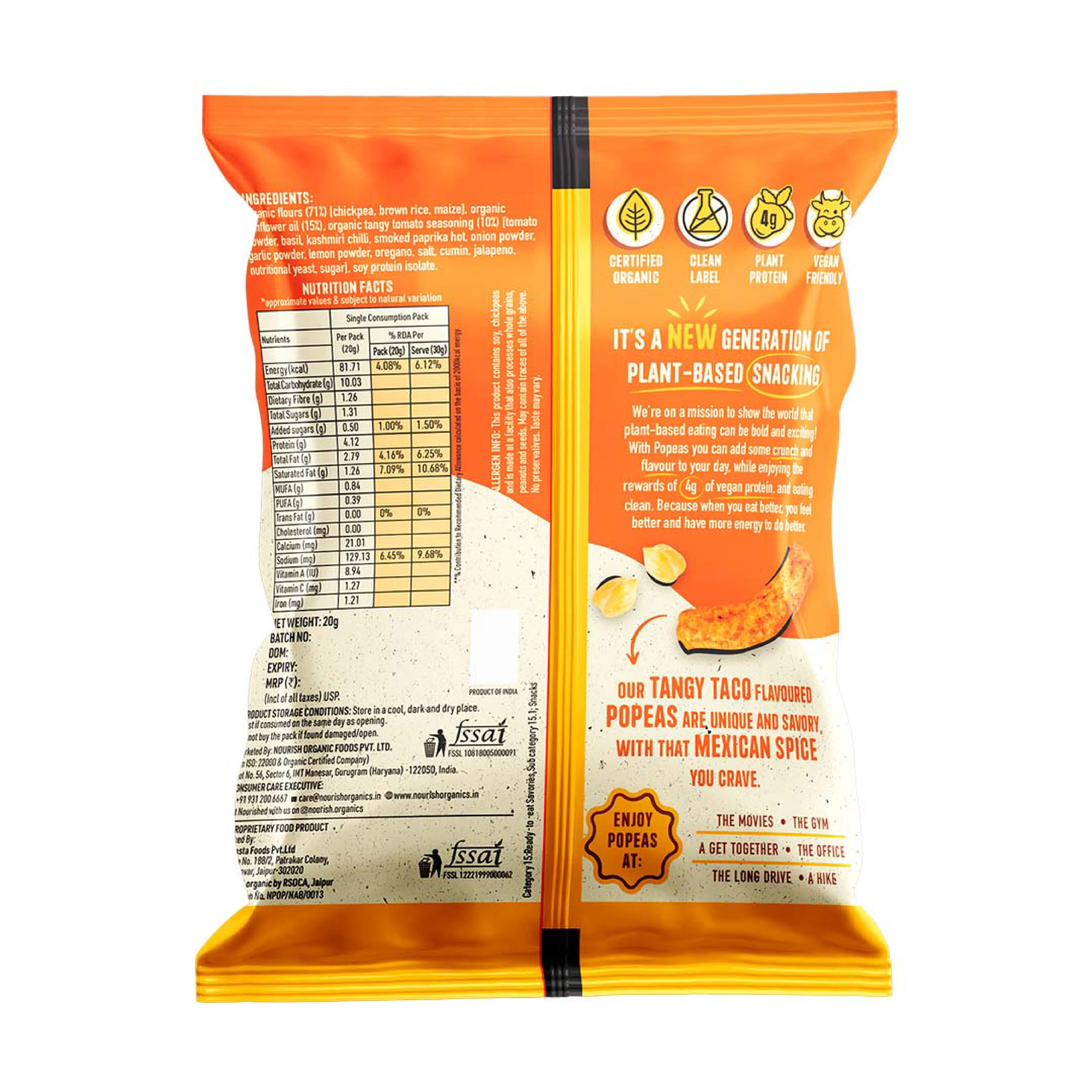 Nourish Organics Popeas Organic Chickpea Protein Puffs - Tangy Taco, 20gm (Gluten-free) - Image 3