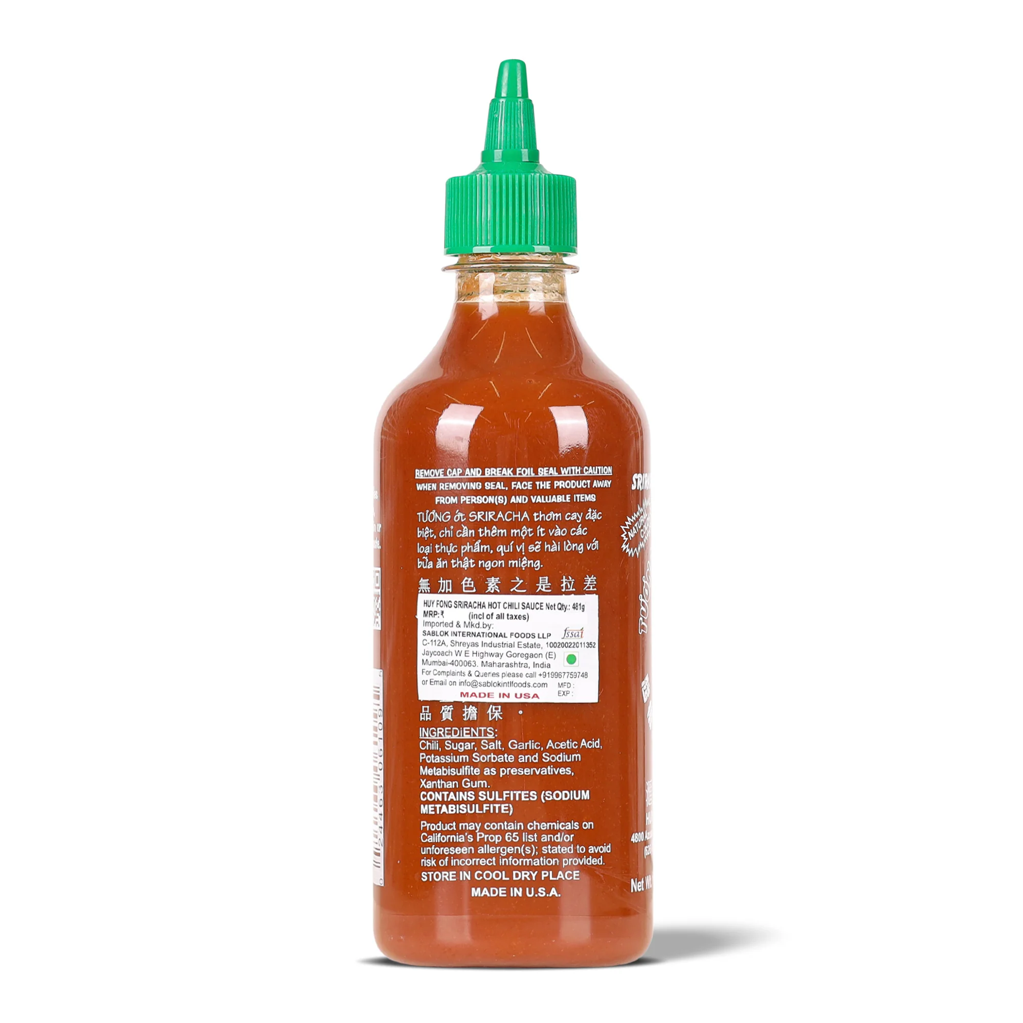 Huy Fong Foods Sriracha Hot Chili Sauce, 481g (Made with Sun-Ripened Chilies & Garlic, Spicy Dipping, Cooking & Marinade Sauce, No Artificial Colours or Flavourings) - Image 2
