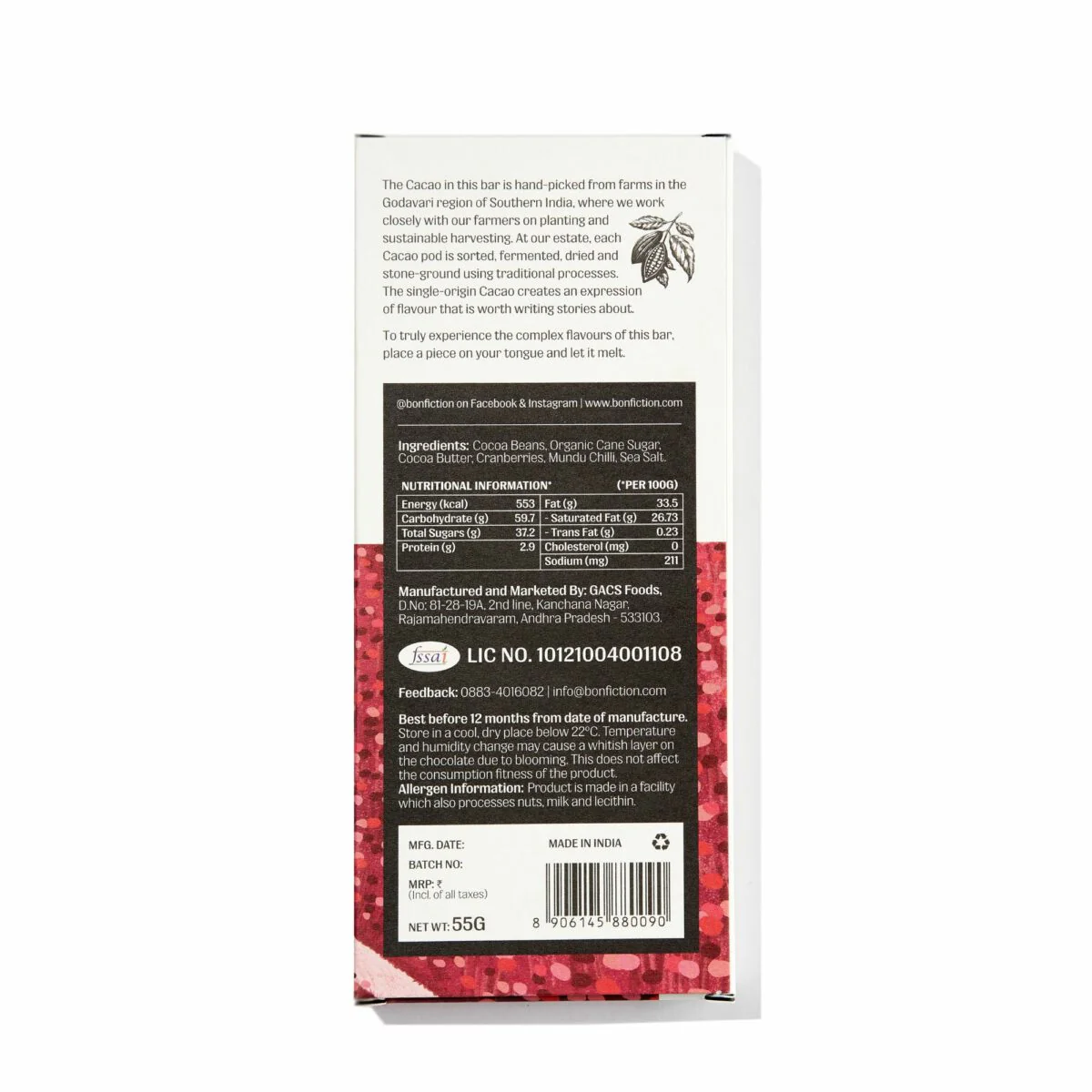 The Cranberry Chilli Chase,55g (64% Dark Chocolate with Cranberry & Chilli, Sweet Spicy Craft Chocolate, Gourmet Chocolate Bar) - Image 2