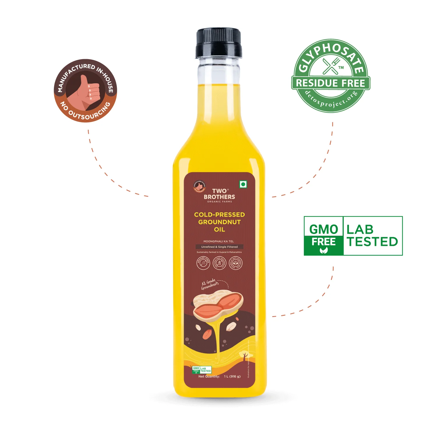 Two Brothers Organic Farms Groundnut Oil, 1L (Cold Pressed Kacchi Ghani, Unrefined, Single-Filtered, Natural Shengdana Oil for Cooking & Frying, Rich Nutty Aroma, Mungfali Tel) - Image 3