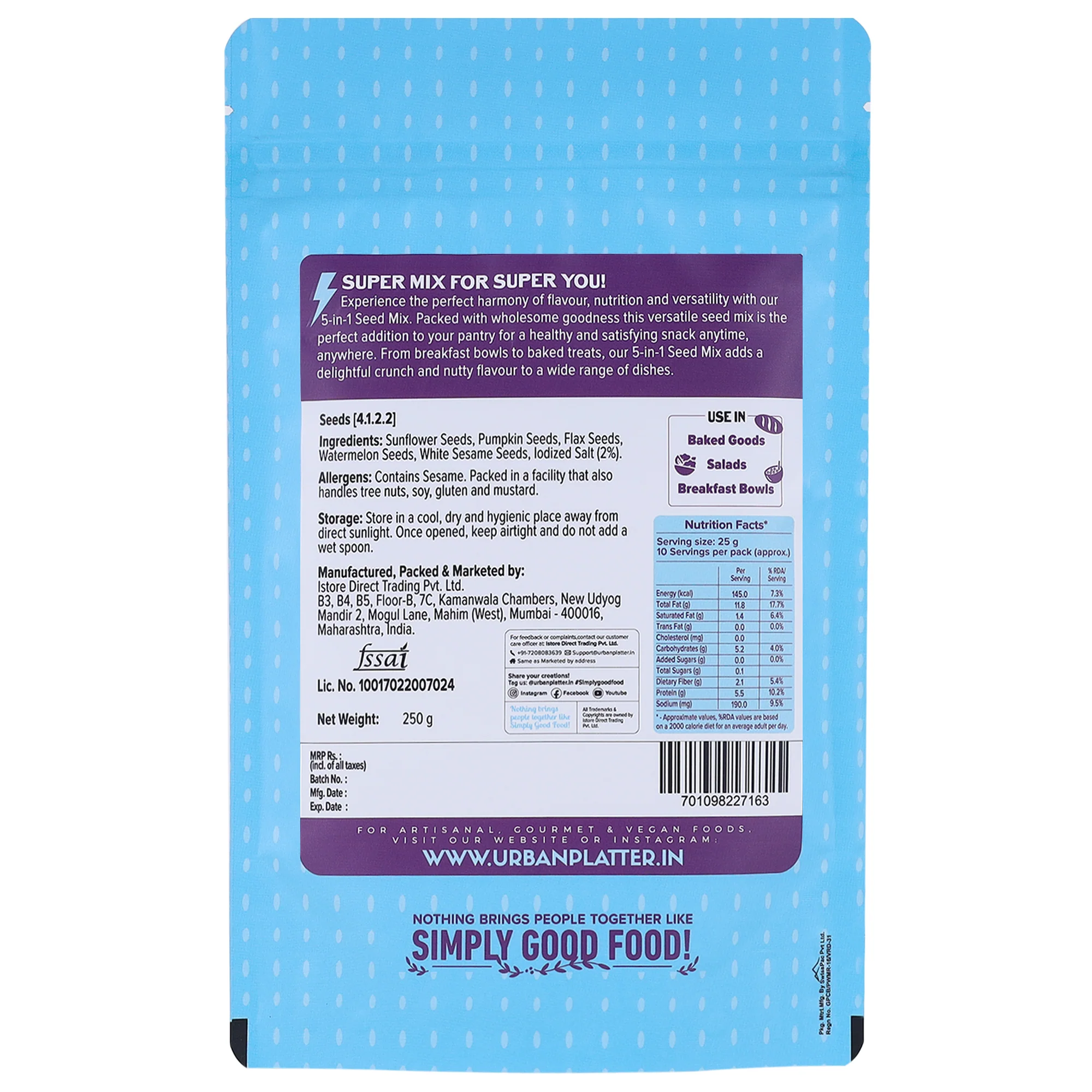 5-in-1 Super Seed Mix, 250g (Roasted and Salted | Sunflower | Pumpkin | Flax | Watermelon | White Sesame) - Image 2