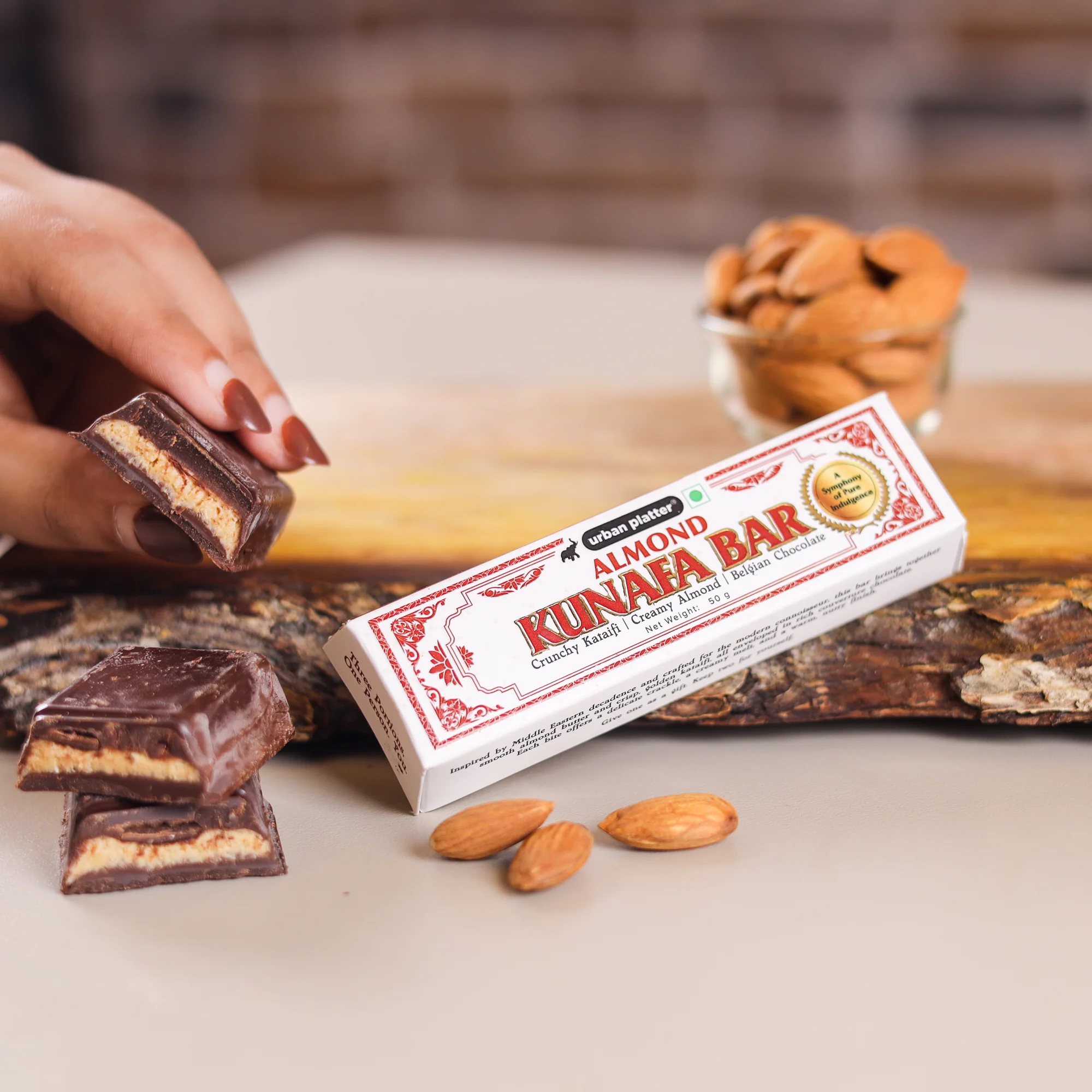 Amond Kunafa Bar, 50g (Middle Eastern Inspired Chocolate Bar Filled with Almond Butter & Kataifi, 58% Belgian Chocolate, Plant-Based) - Image 6