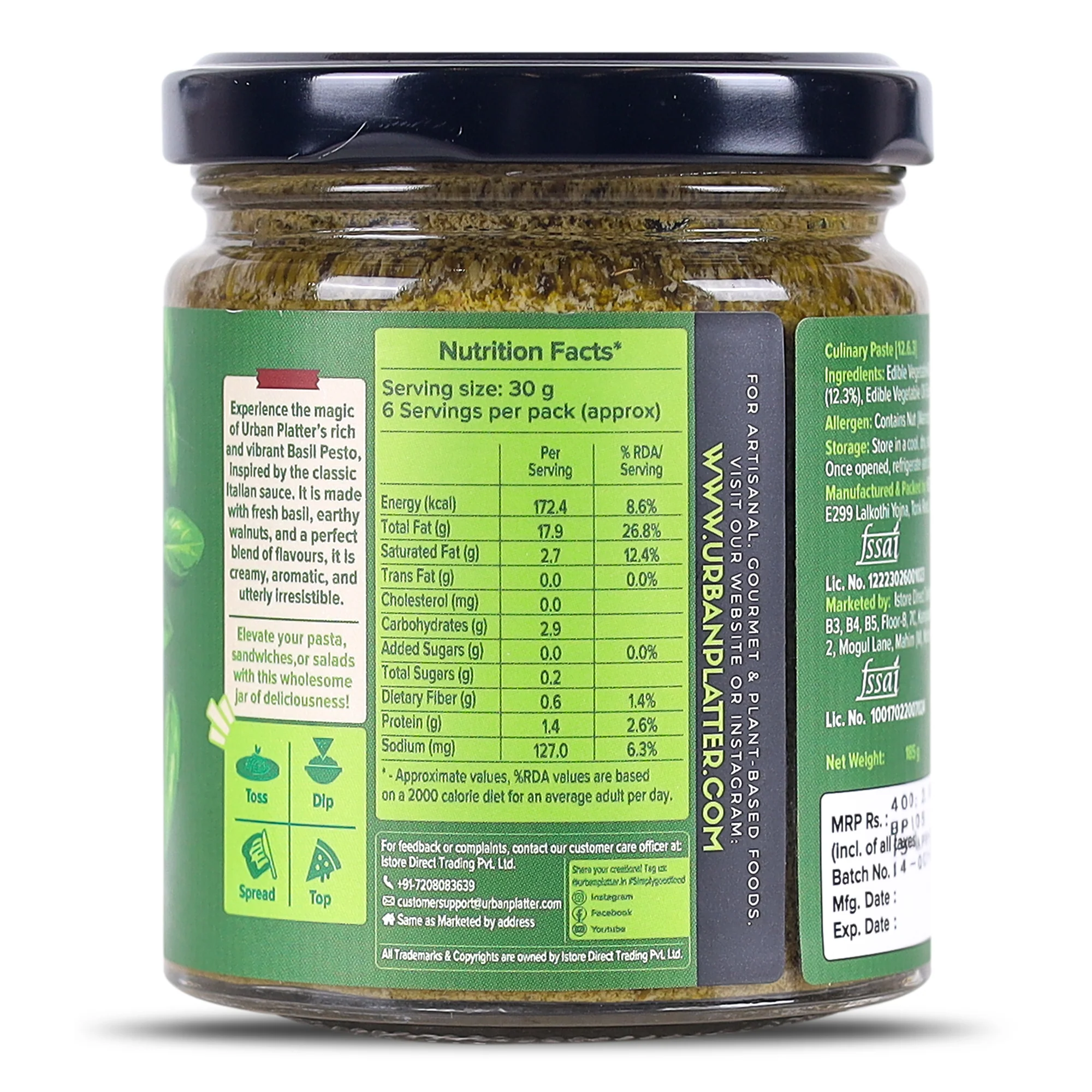 Basil Pesto, 185g (Plant Based, Preservative-free, Italian Inspired Pasta Sauce & Spread, Ready-to-Use) - Image 3