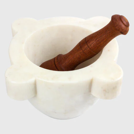 Handmade Italian Style White Marble Mortar with Beechwood Pestle Vintage Design (Width 5", Height 3")