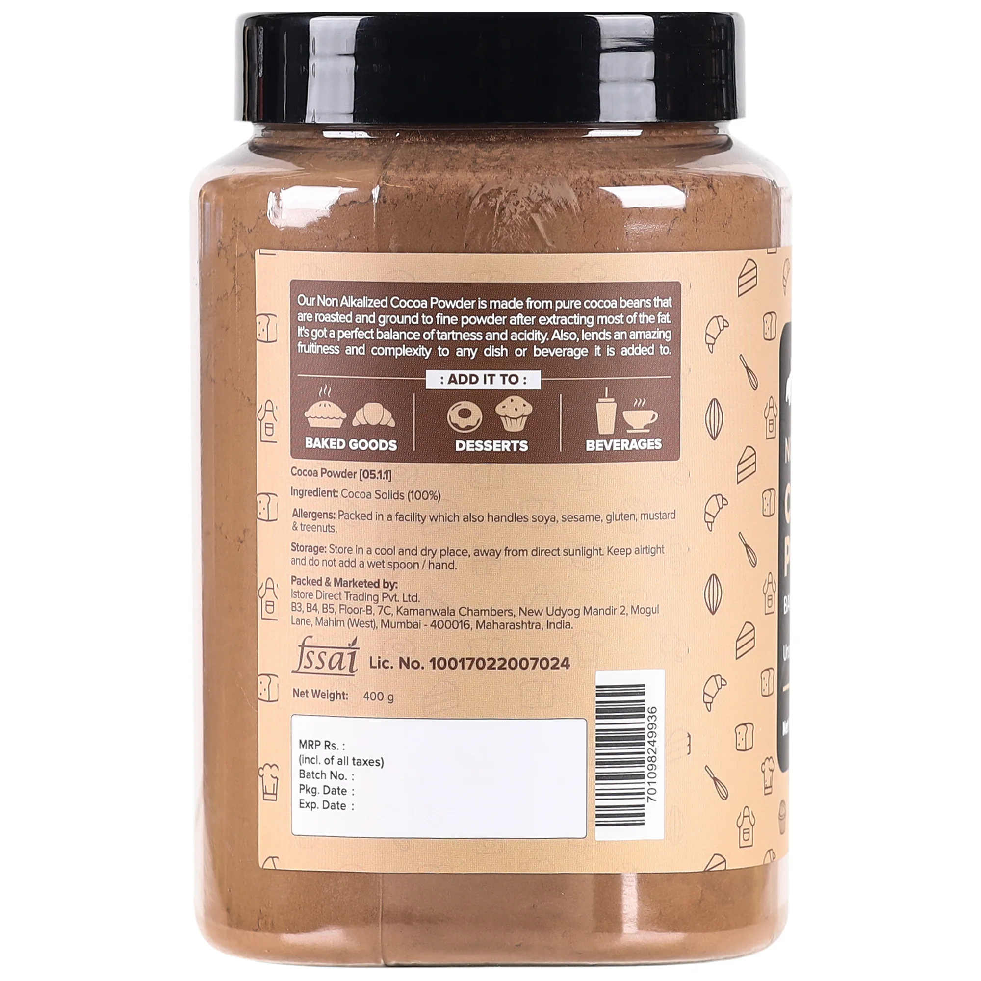 Cocoa Powder, 400g (Unsweetened | Rich Chocolate Flavour | Ideal for Baking, Beverages & Desserts | 100% Pure Cocoa) - Image 2