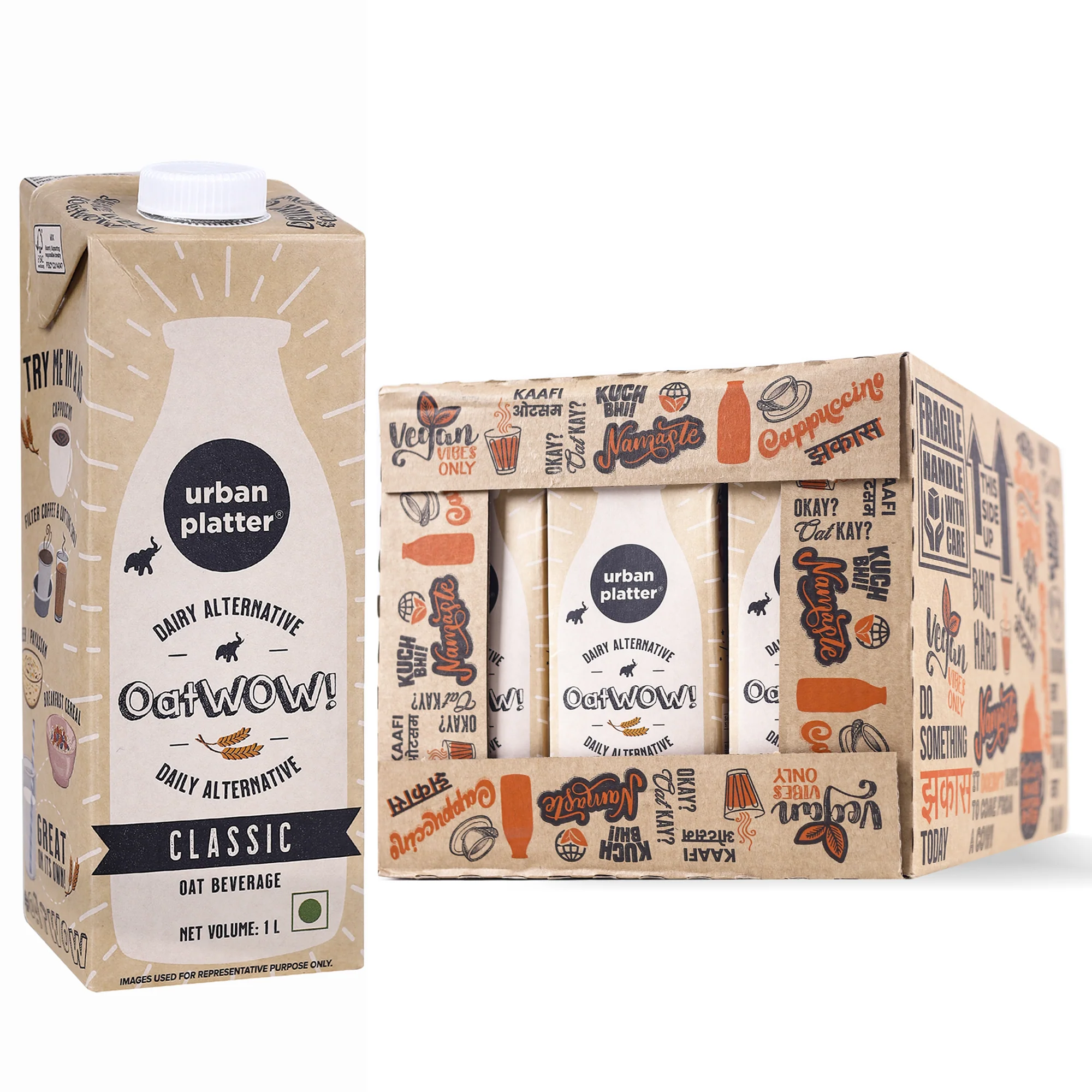 OatWOW Classic Oat Beverage, 1 Litre [Pack of 12 | Plant-based | Milk Alternative | Creamy | Lactose-Free]