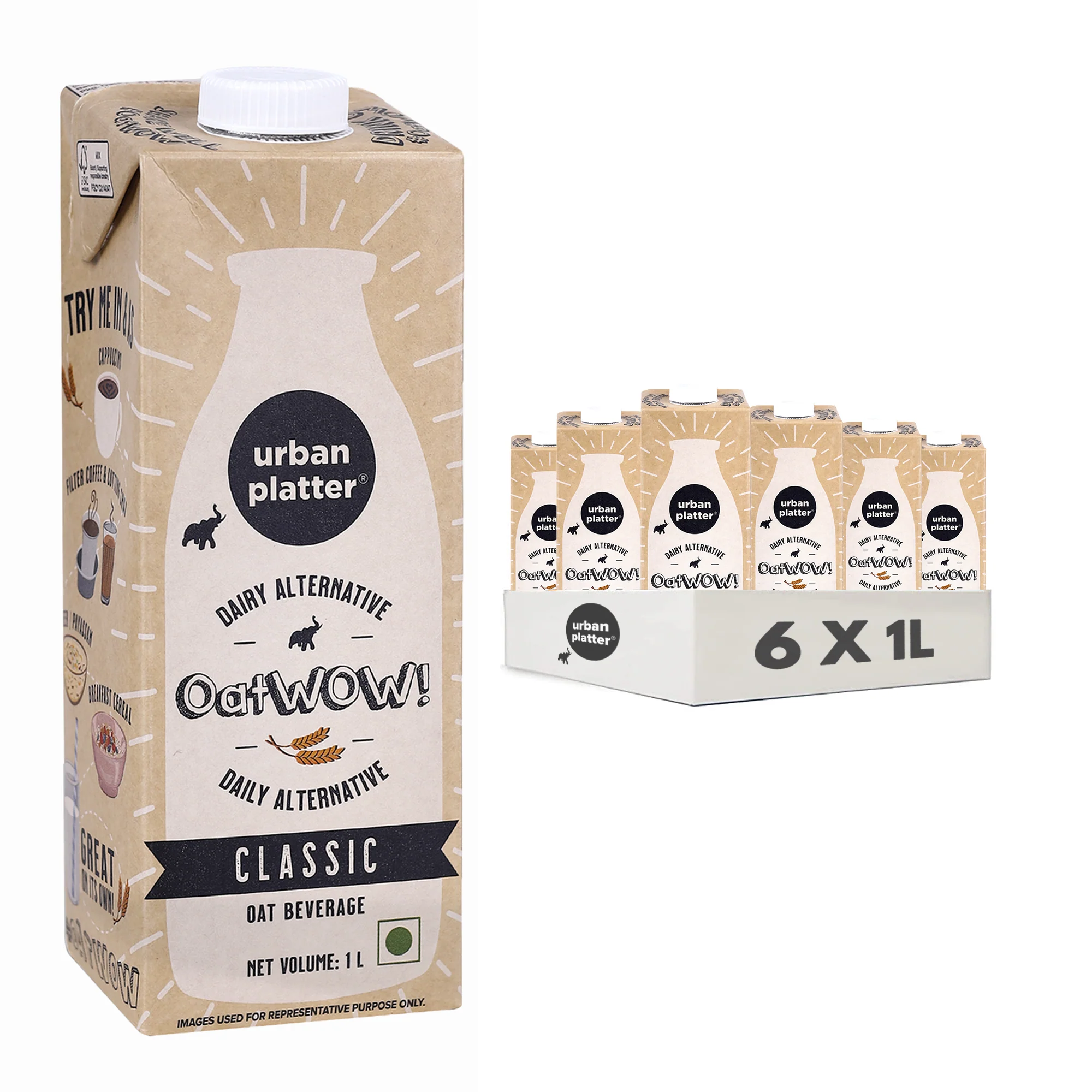 OatWOW Classic Oat Beverage, 1 Litre [Plant-based ,Pack of 6]