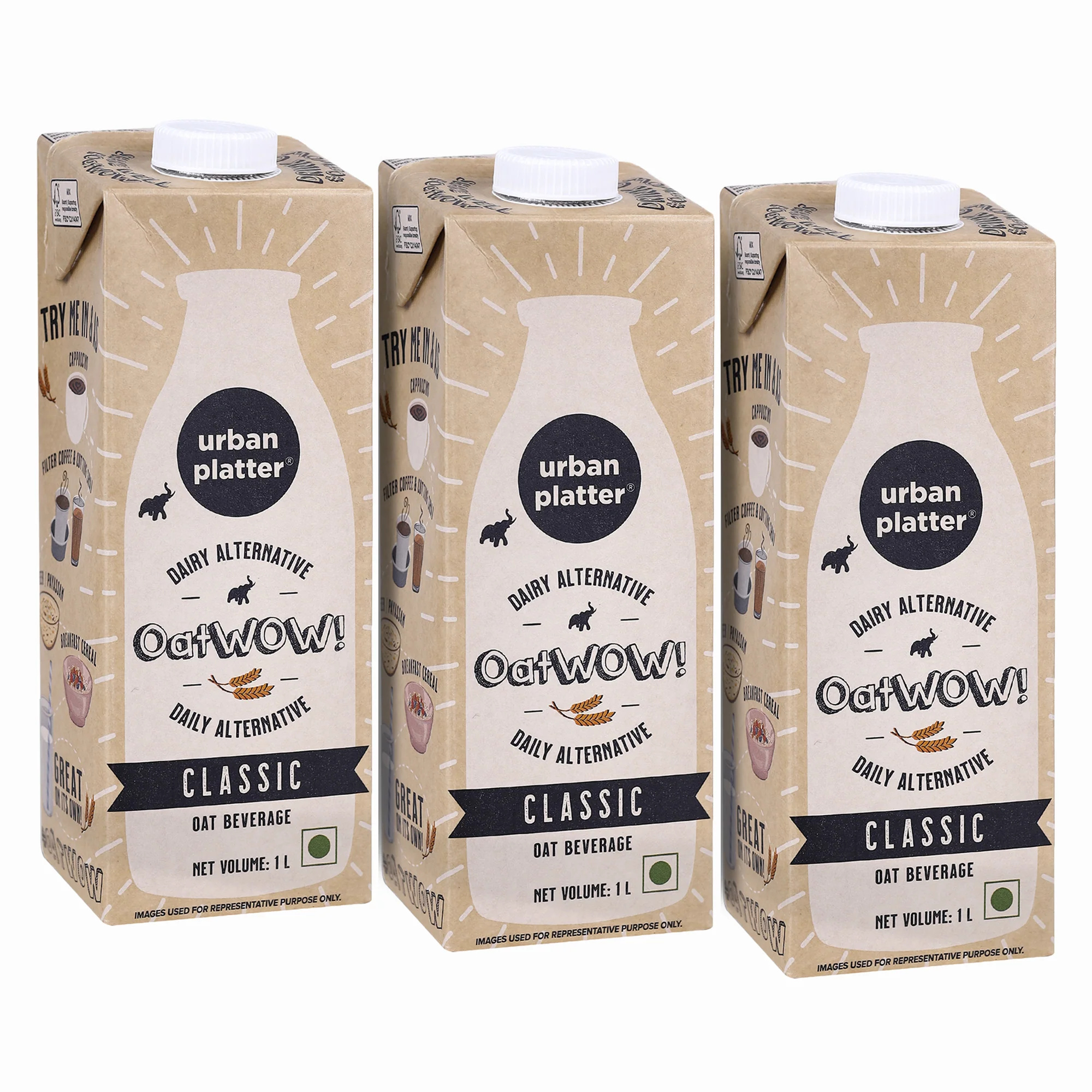 OatWOW Classic Oat Beverage, 1 Litre [Plant-based / Milk Alternative][Pack of 3]