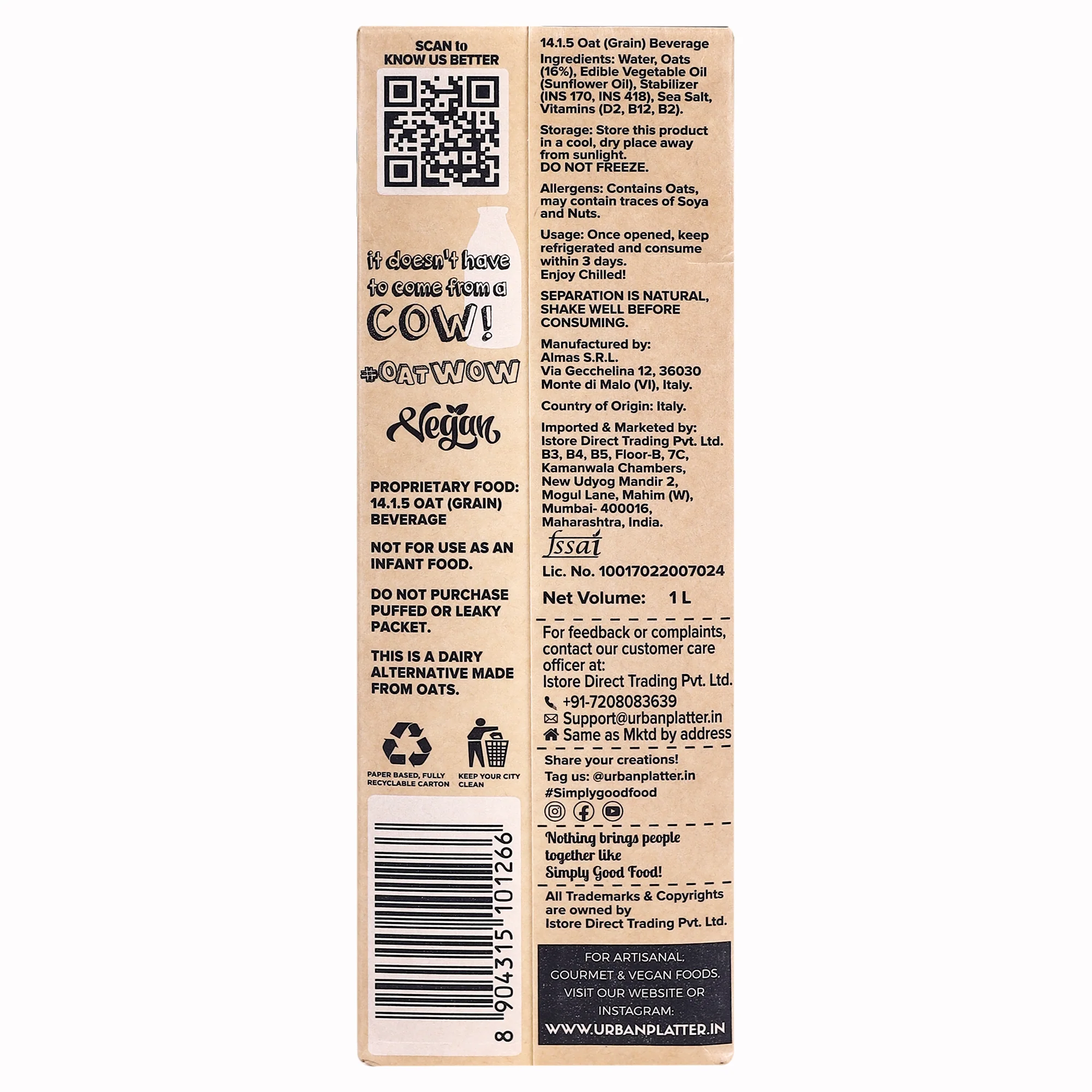 OatWOW Classic Oat Beverage, 1L [Plant-based /Milk Alternative] - Image 3