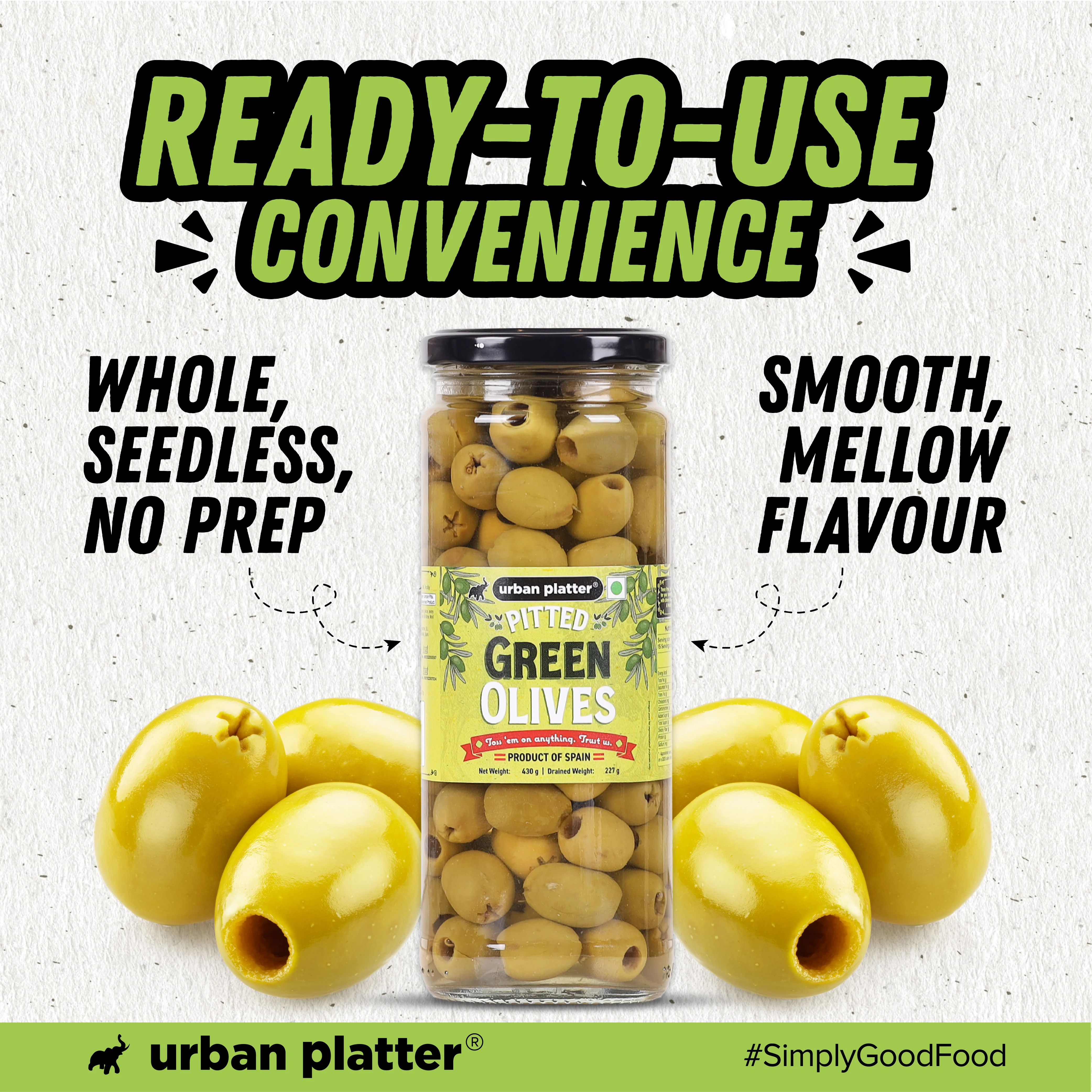Pitted Green Spanish Olives, 430g (Whole & Seedless | Crisp & Tangy Mediterranean Flavour | Great for Salads, Mezze, Sandwiches & Snacking) - Image 9