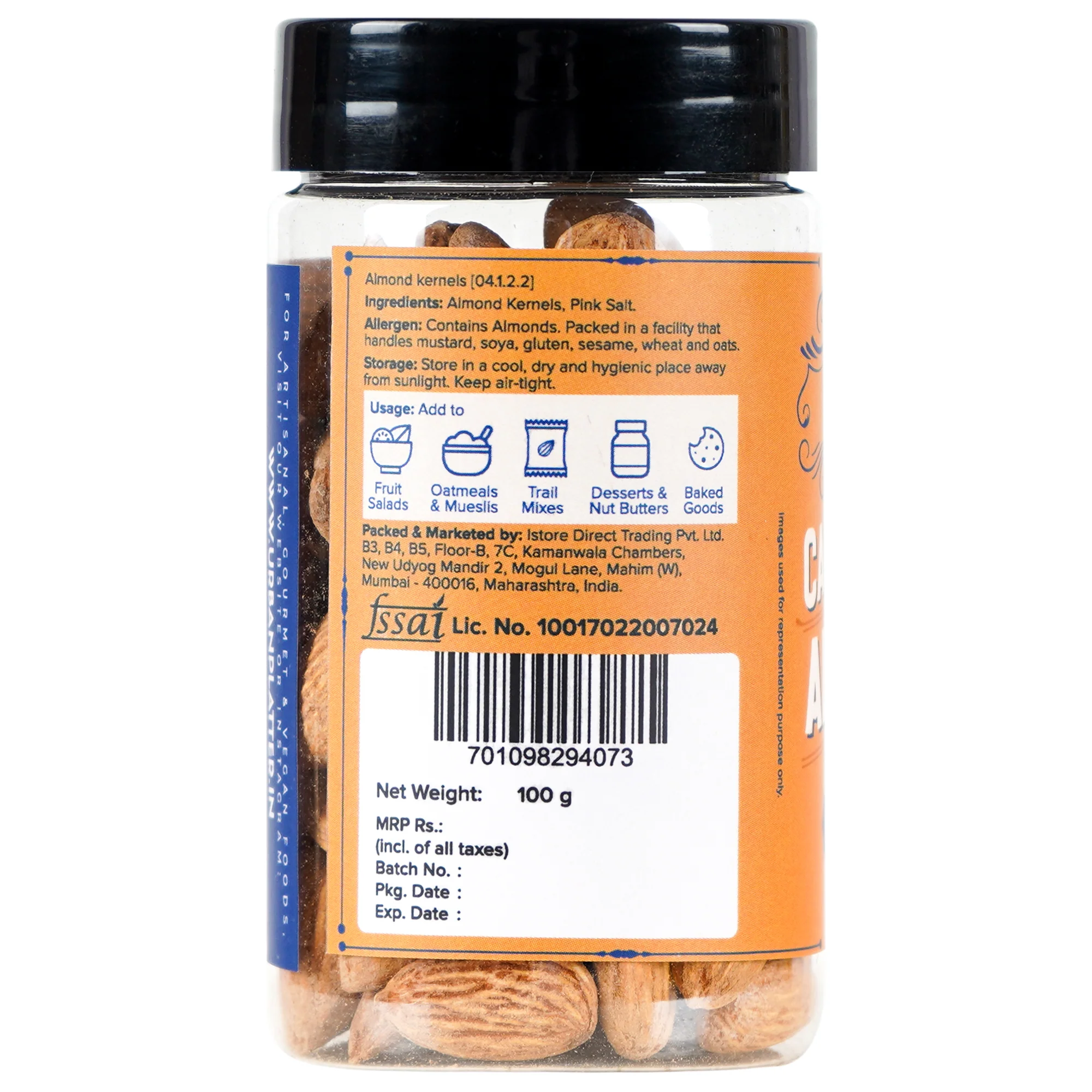 Roasted Salted California Almonds, 100g (Premium California Almonds seasoned with Pink salt, Rich in Fiber & Protein, Add to Fruit Salads, Oatmeal, Trail Mixes, Desserts, Ice creams, Baked Goods) - Image 2