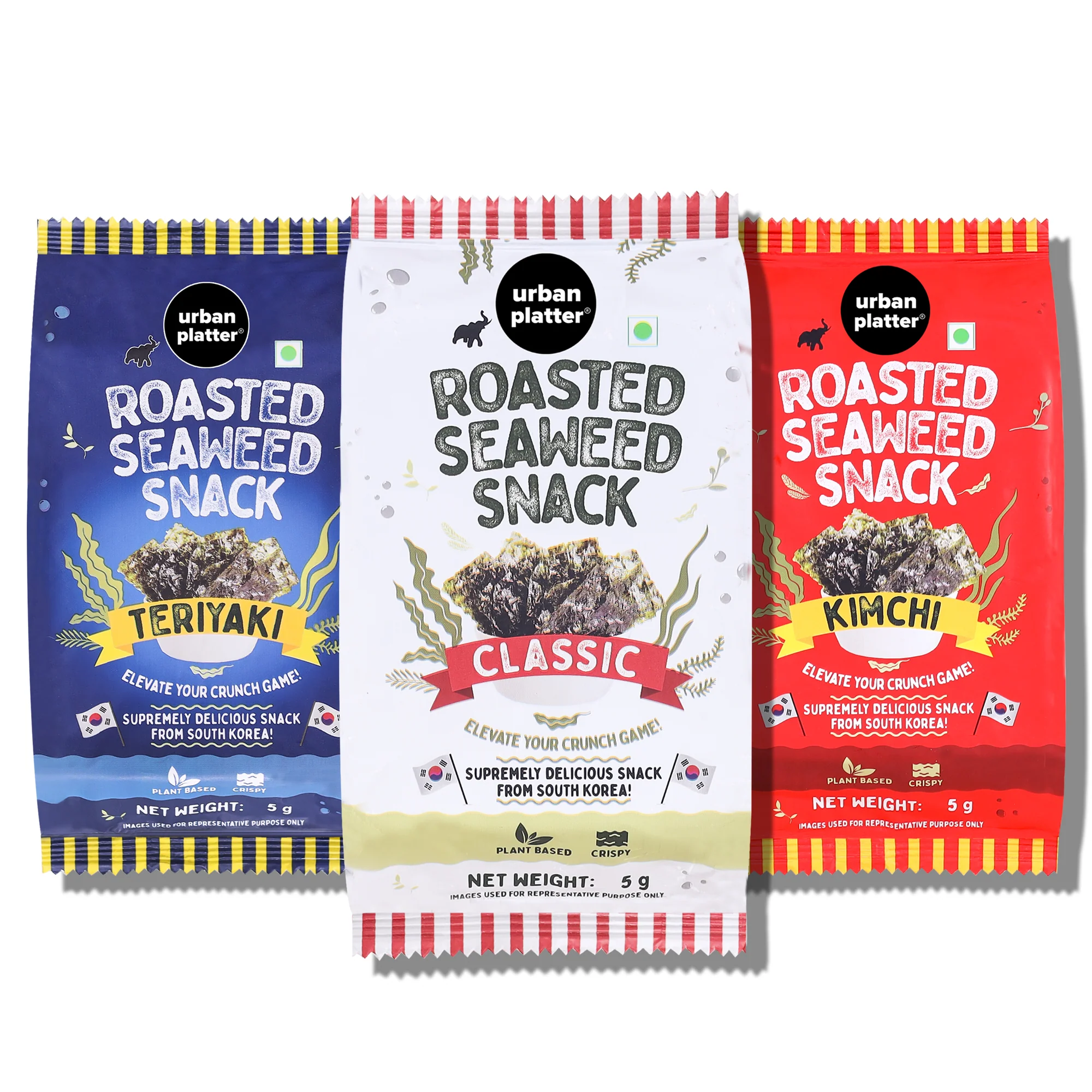 Roasted Seaweed Snack – Assorted Flavours (Classic Sea Salt, Teriyaki & Kimchi) | 5g Each, Pack of 3 | Ready-to-Eat, Crispy Umami Nori Chips