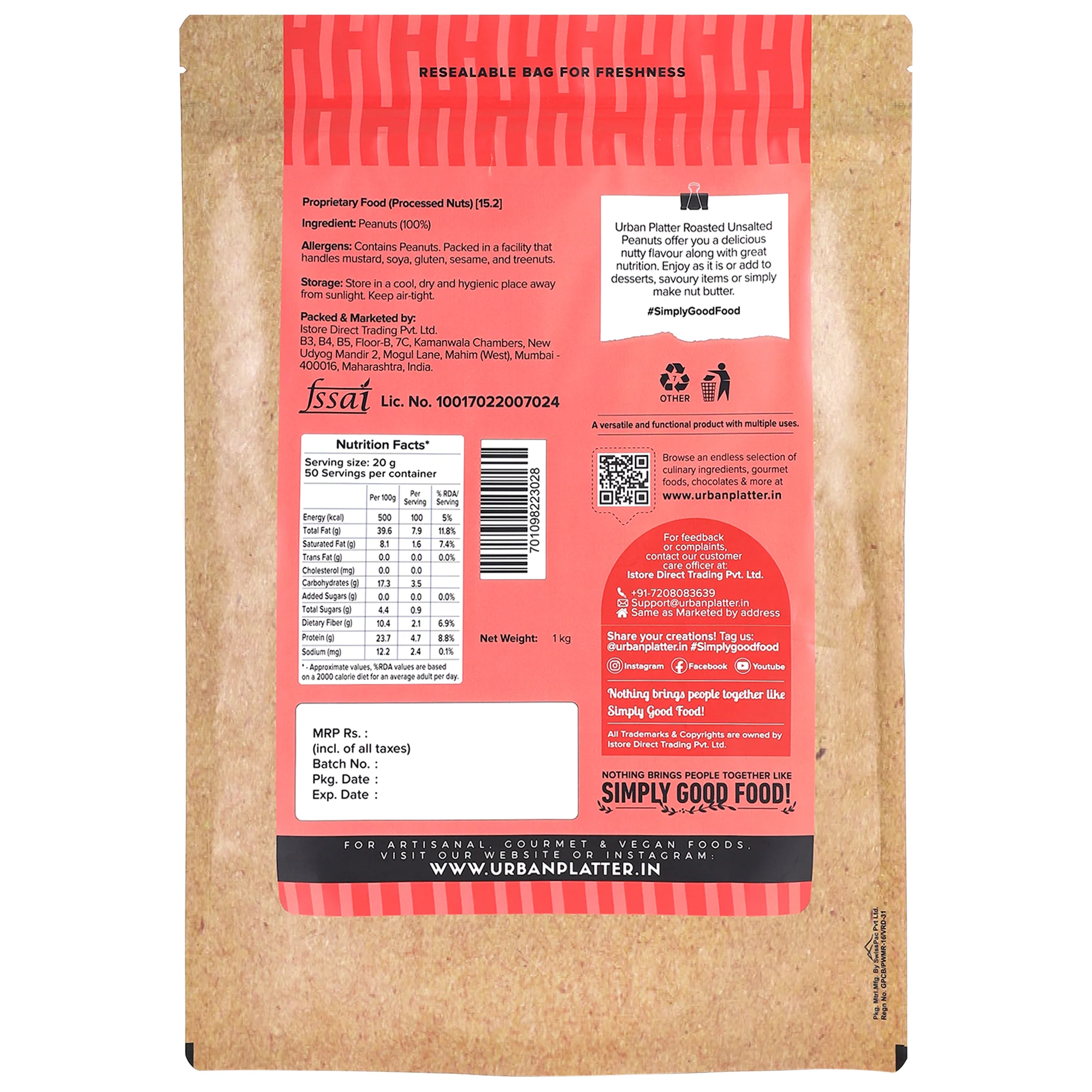 Roasted Unsalted Peanuts, 1kg (Skin Removed | Vacuum Packed | Product of Bharuch) - Image 2