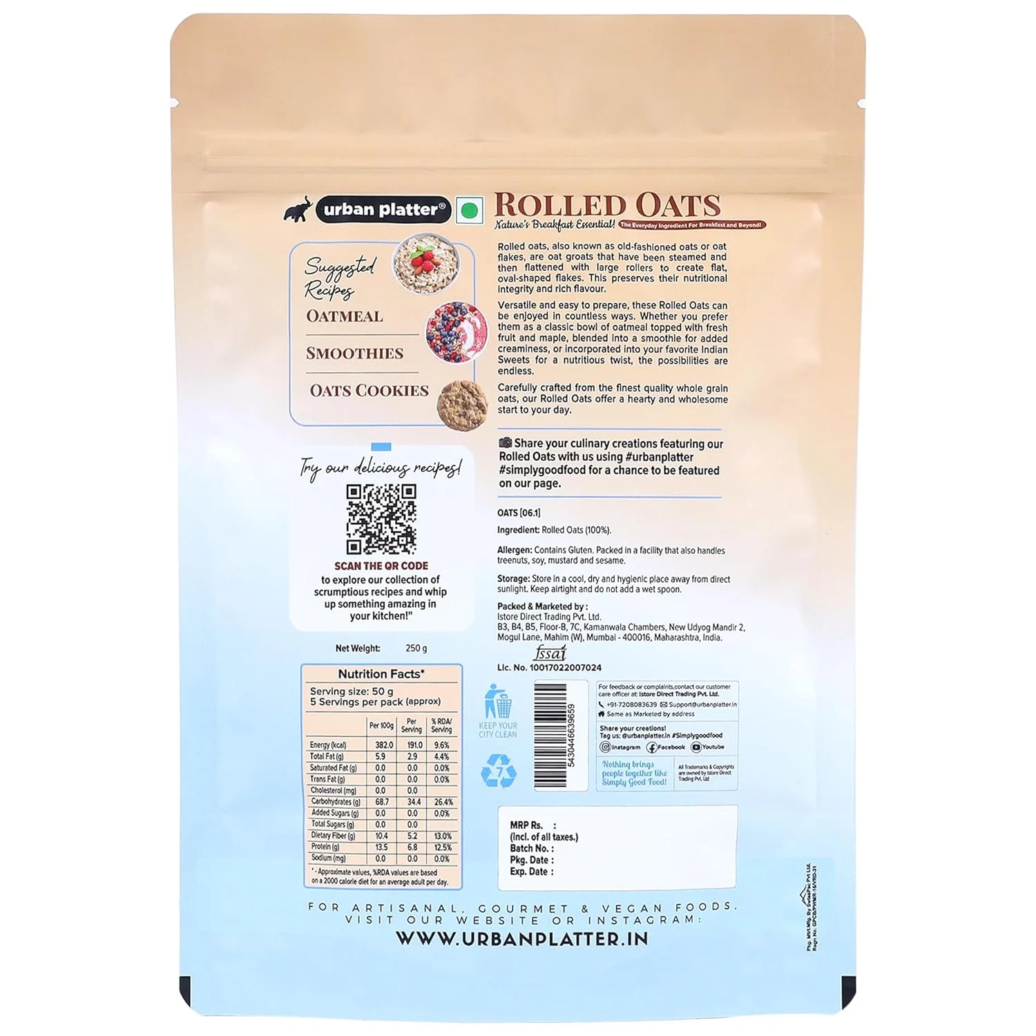 Rolled Oats, 250g (Whole Grain Oats | Breakfast Cereal I Old-Fashioned Oats) - Image 2