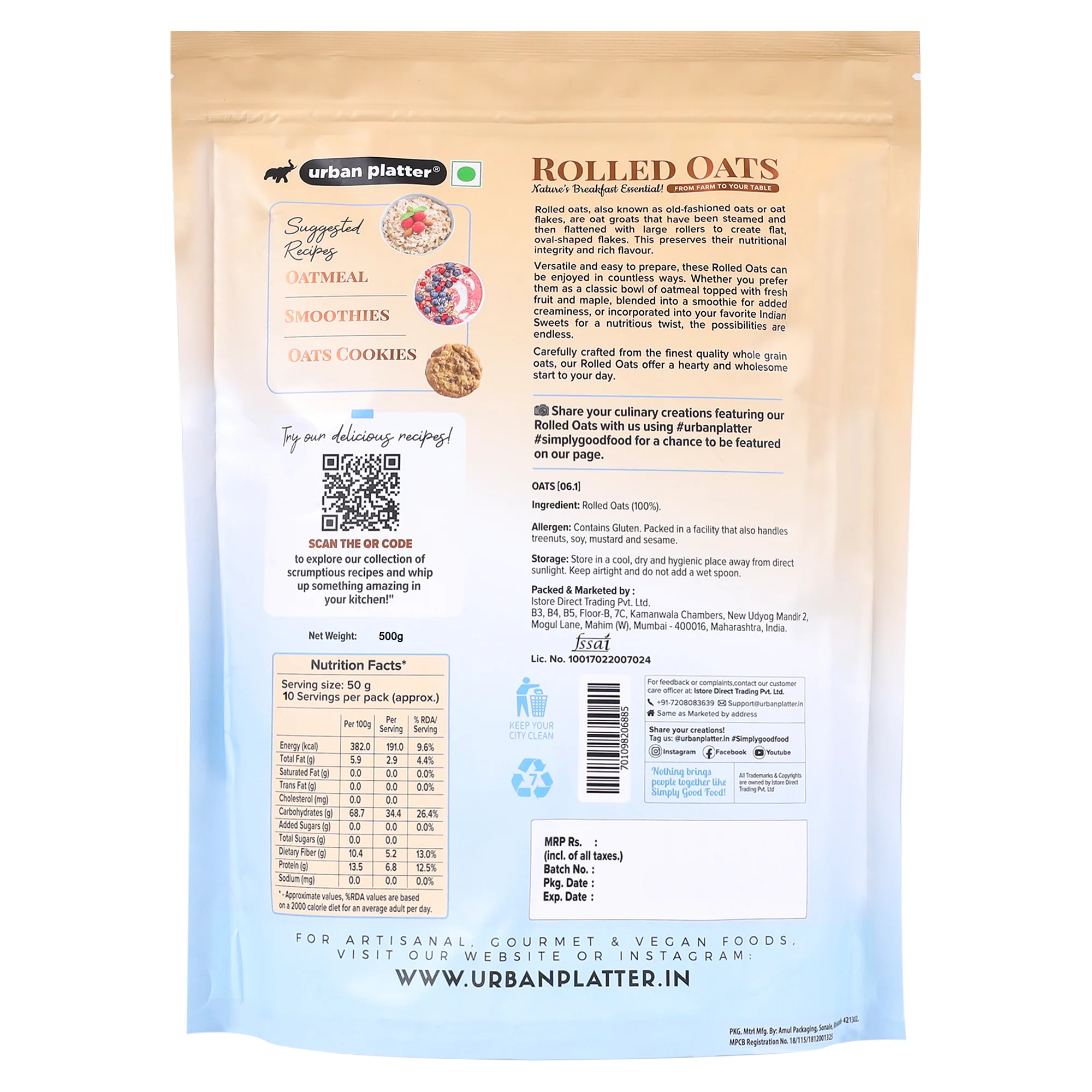 Rolled Oats, 500g (Whole-Grain Oats | High in Fiber and Protein | Breakfast Cereal I Old-Fashioned Oats) - Image 2