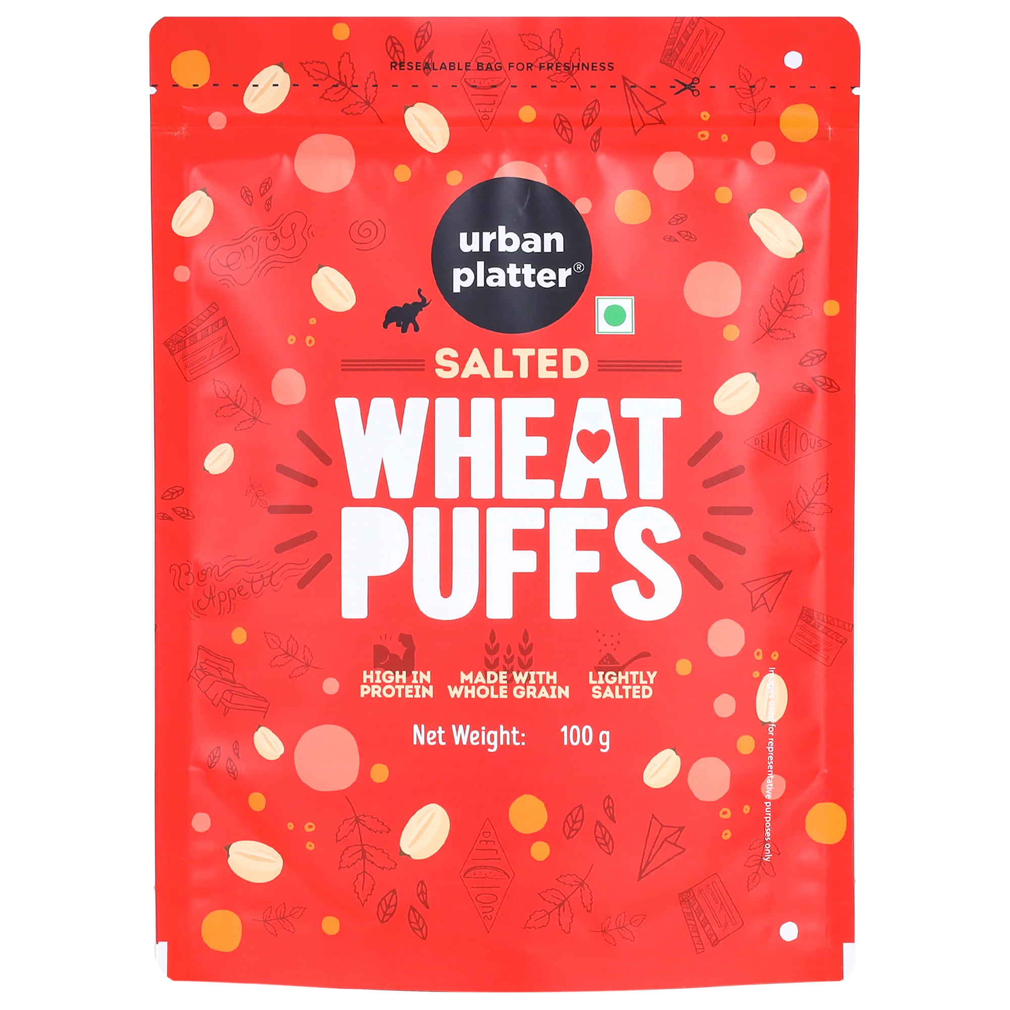 Salted Wheat Puff, 100g (Made from Whole Grain, High in Protein, Lightly Salted, Oil Free, Kid Friendly)