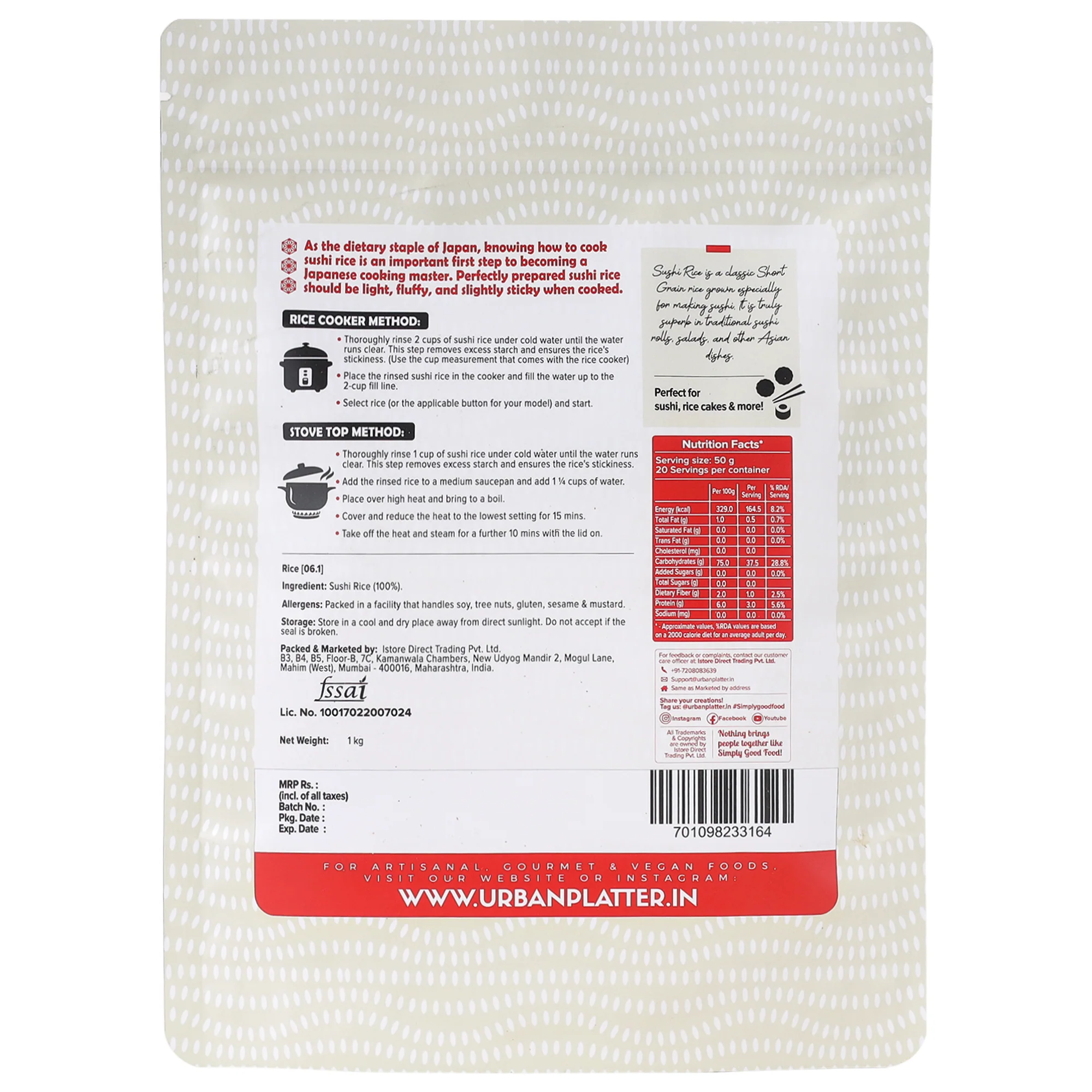 Short Grain Sushi Rice, 1 kg (Japanese Cuisine | Sticky and Aromatic) - Image 2