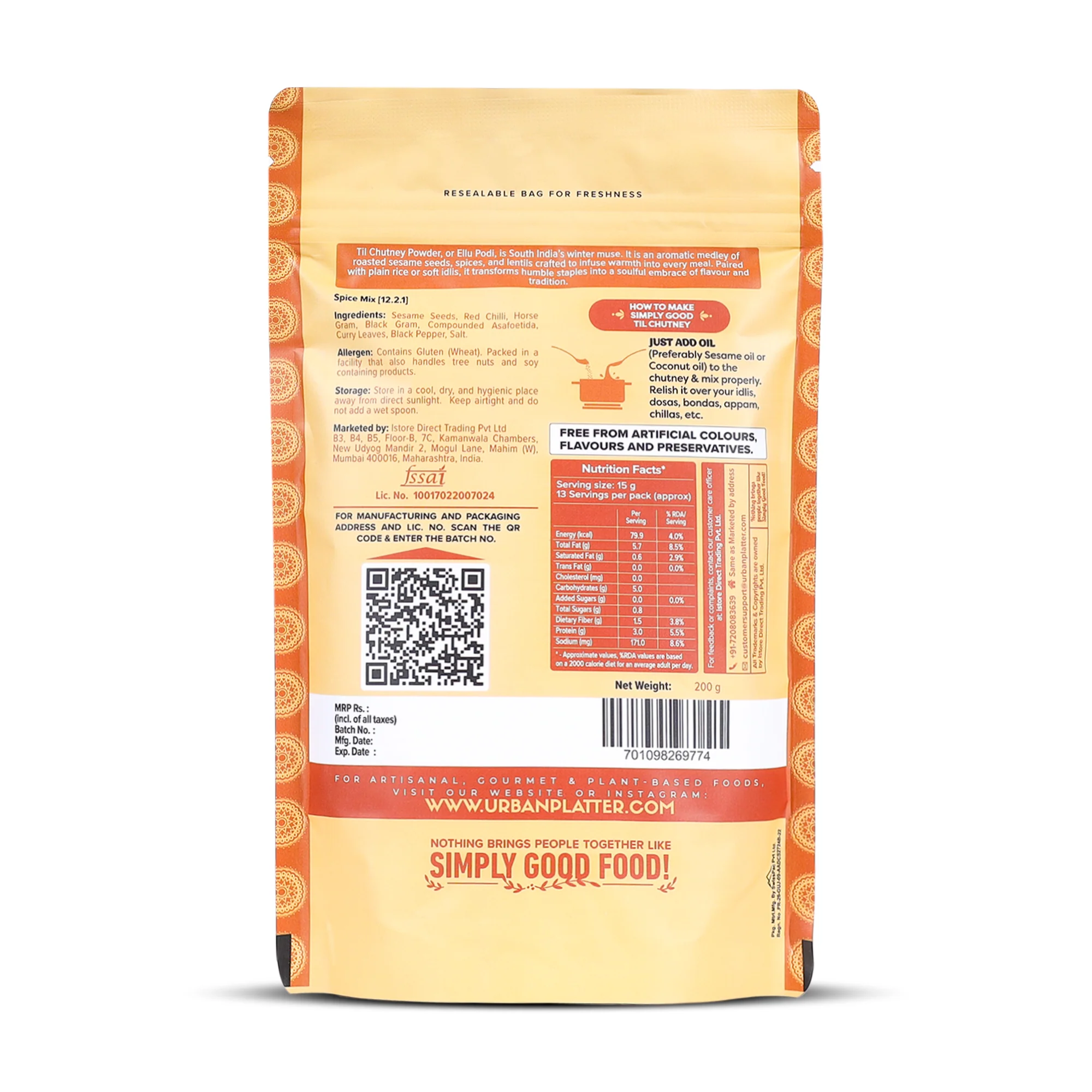 South Indian Style Instant Til Chutney Powder, 200g (Ellu Podi, Sesame Chutney, Just Add Water) - Image 2