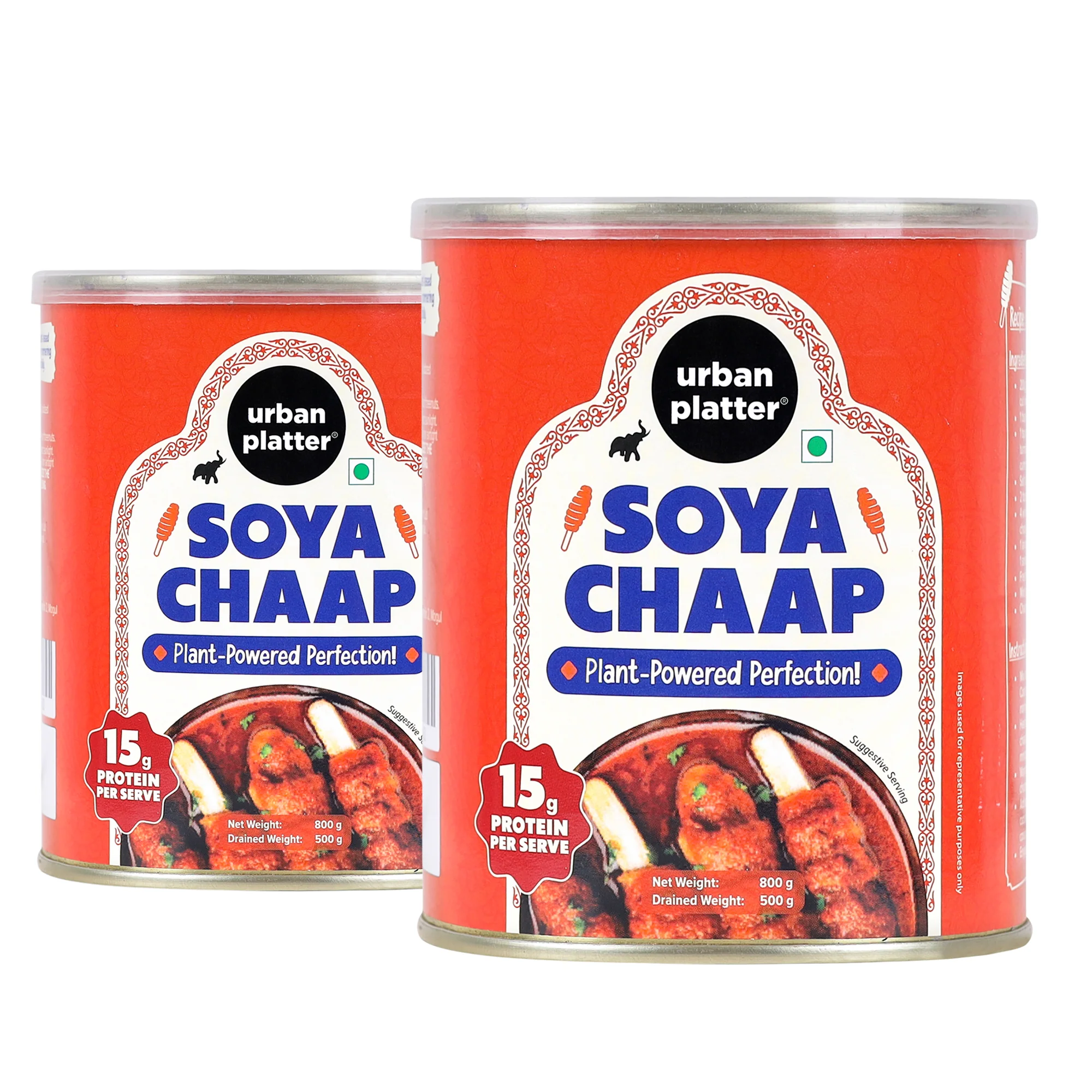 Soya Chaap in Brine, 800g (Pack of 2)(Canned | Chunks on Stick | Drained Weight - 500g, Rich in Plant Protein| Soy Chap)