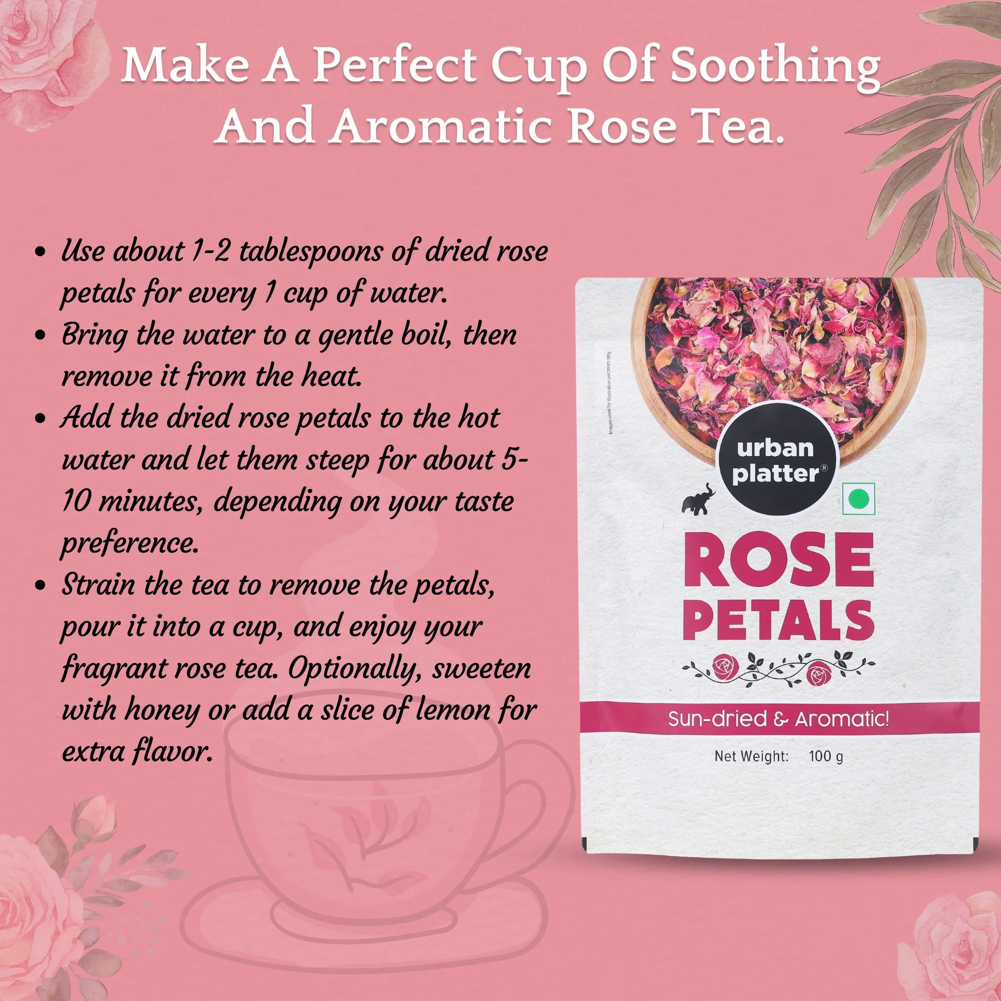 Sun Dried Rose Petals, 100g (100% Edible, Sun-Dried | Gulab Patti | Dried Rose Petals | Use in Tea, Baking, Making Rose Water, Crafting) - Image 5