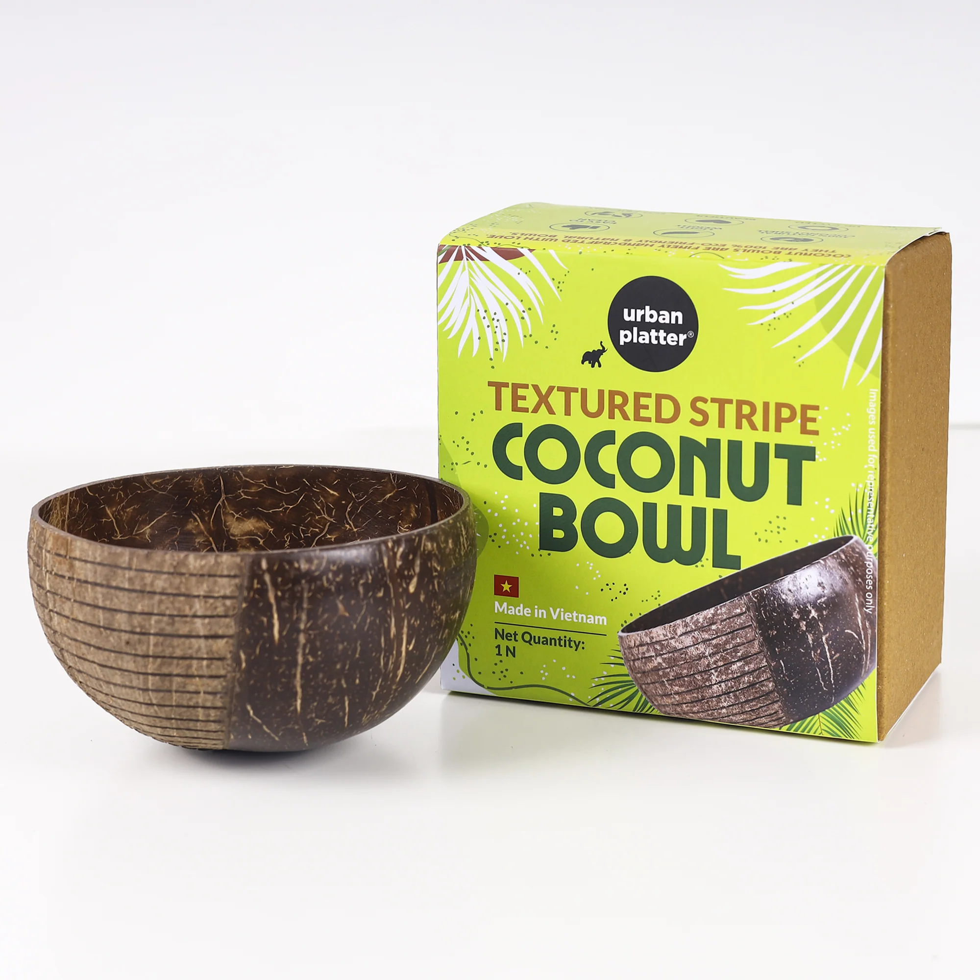 Textured Stripe Coconut Bowl, 1 Unit (Made in Vietnam | Light Weight | Jumbo Size | Eco-friendly)