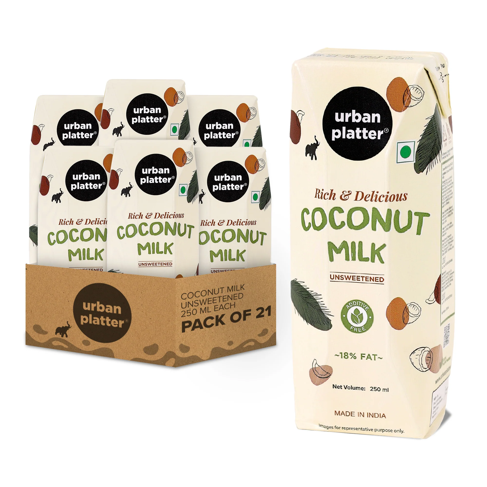 Coconut Milk, 250ml, Pack of 21 (18% Fat, 100% Natural & Unsweetened, Ideal for Curries, Baking & Desserts)