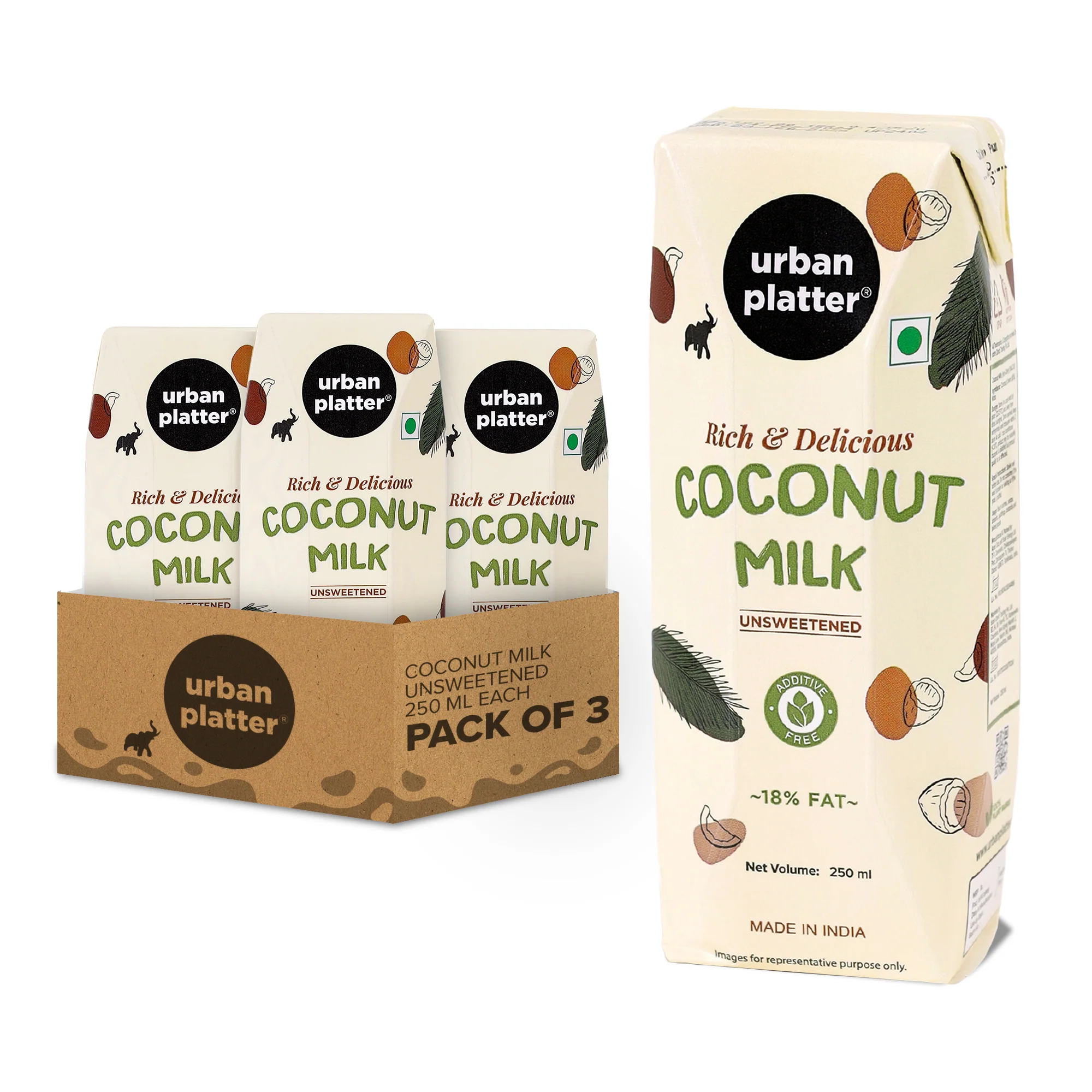 Coconut Milk, 250ml, Pack of 3 (18% Fat, 100% Natural & Unsweetened, Ideal for Curries, Baking & Desserts)